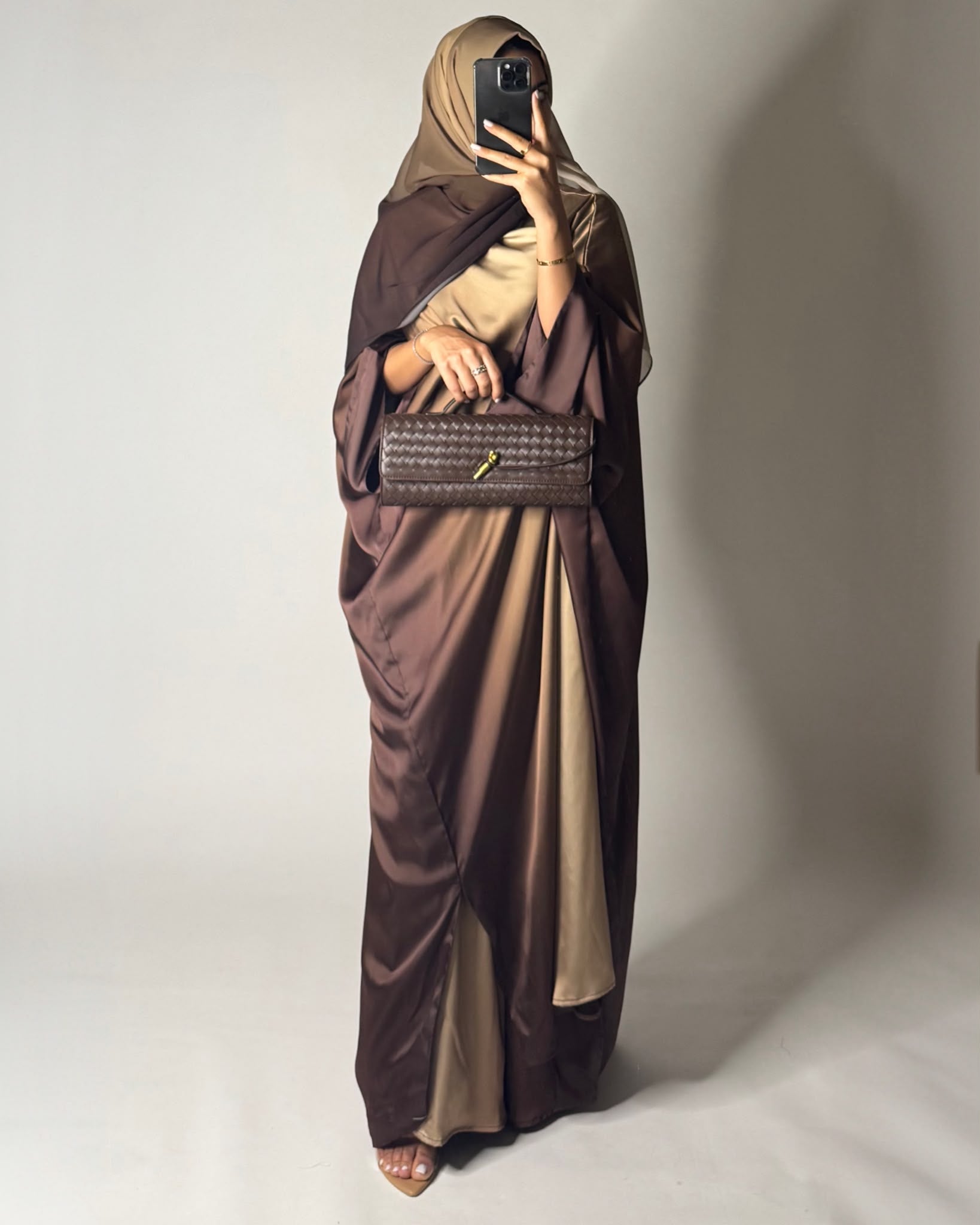 A625 - Shades of Caramel Brown Ombre Summery Bisht Cut Abaya with Matching Head Scarf