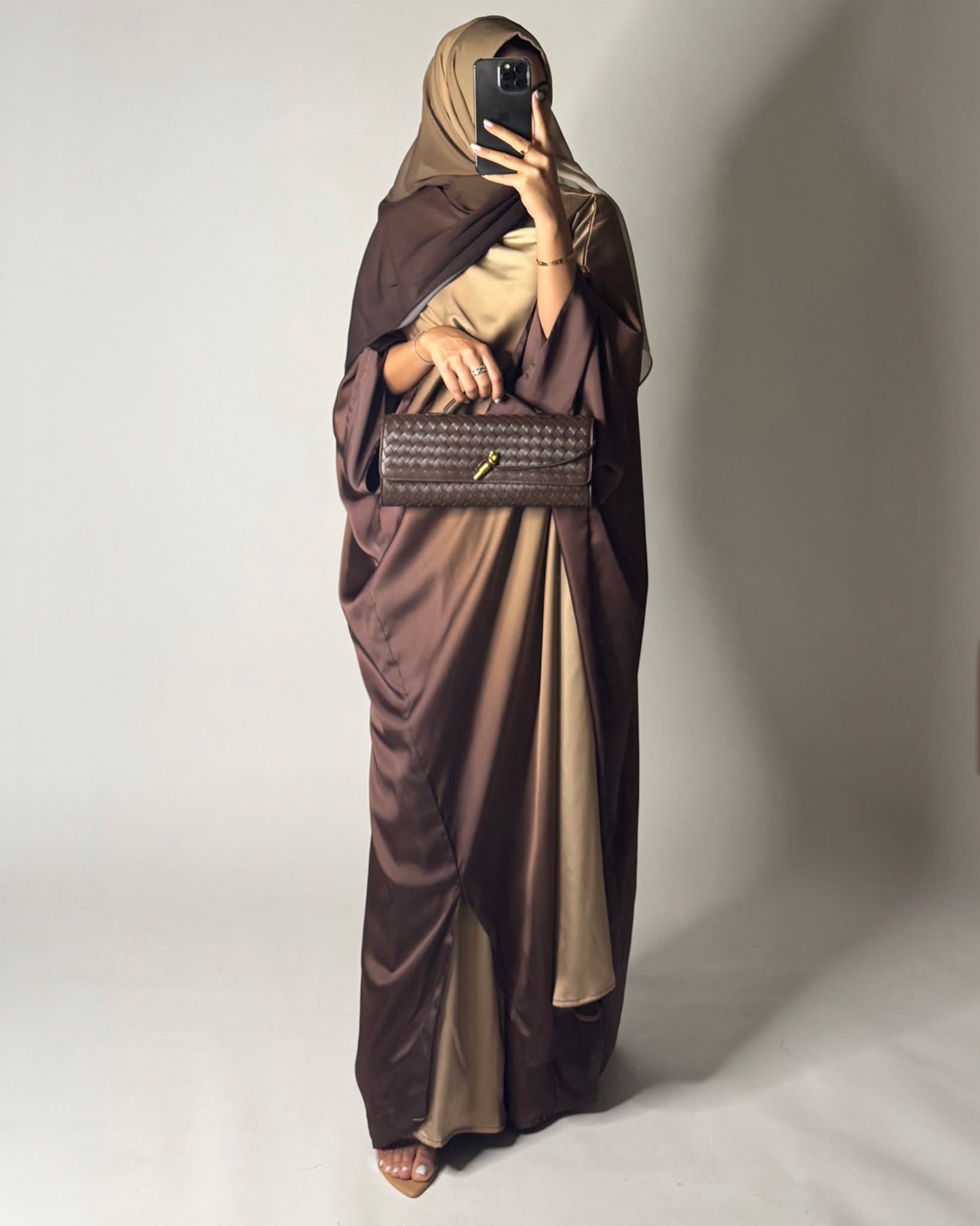 A625 - Shades of Caramel Brown Ombre Summery Bisht Cut Abaya with Matching Head Scarf