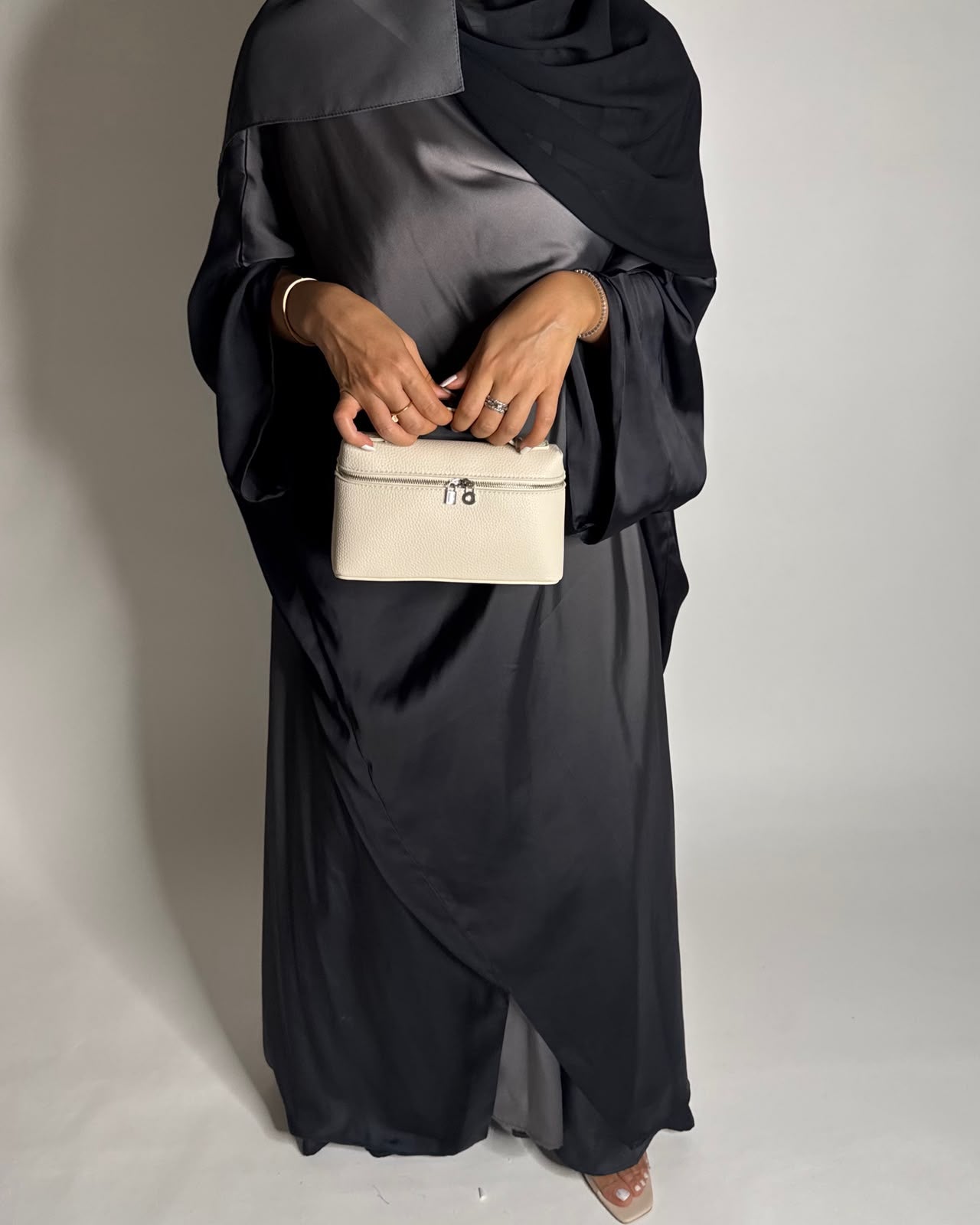 A625 - Black & Gray Ombre Summery Bisht Cut Abaya with Matching Head Scarf