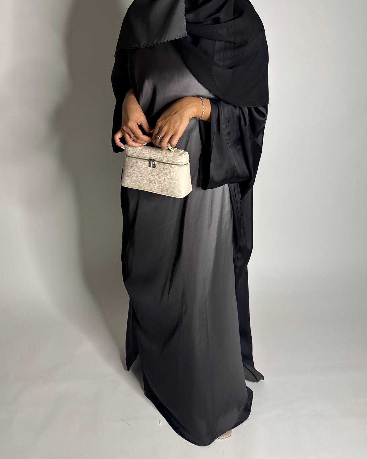 A625 - Black & Gray Ombre Summery Bisht Cut Abaya with Matching Head Scarf