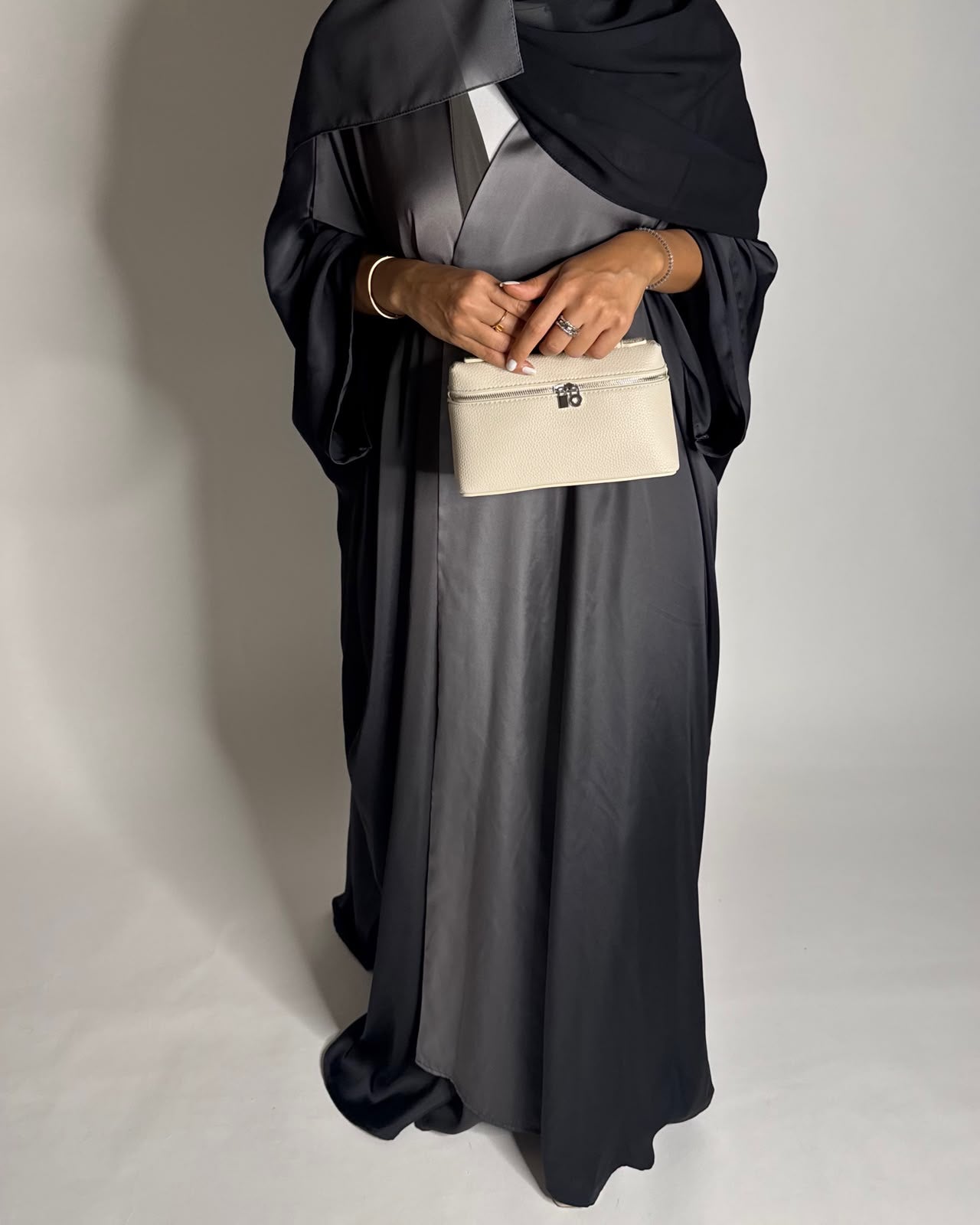 A625 - Black & Gray Ombre Summery Bisht Cut Abaya with Matching Head Scarf