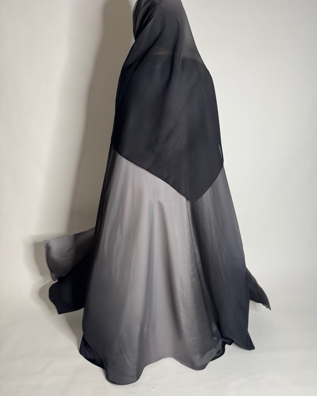 A625 - Black & Gray Ombre Summery Bisht Cut Abaya with Matching Head Scarf