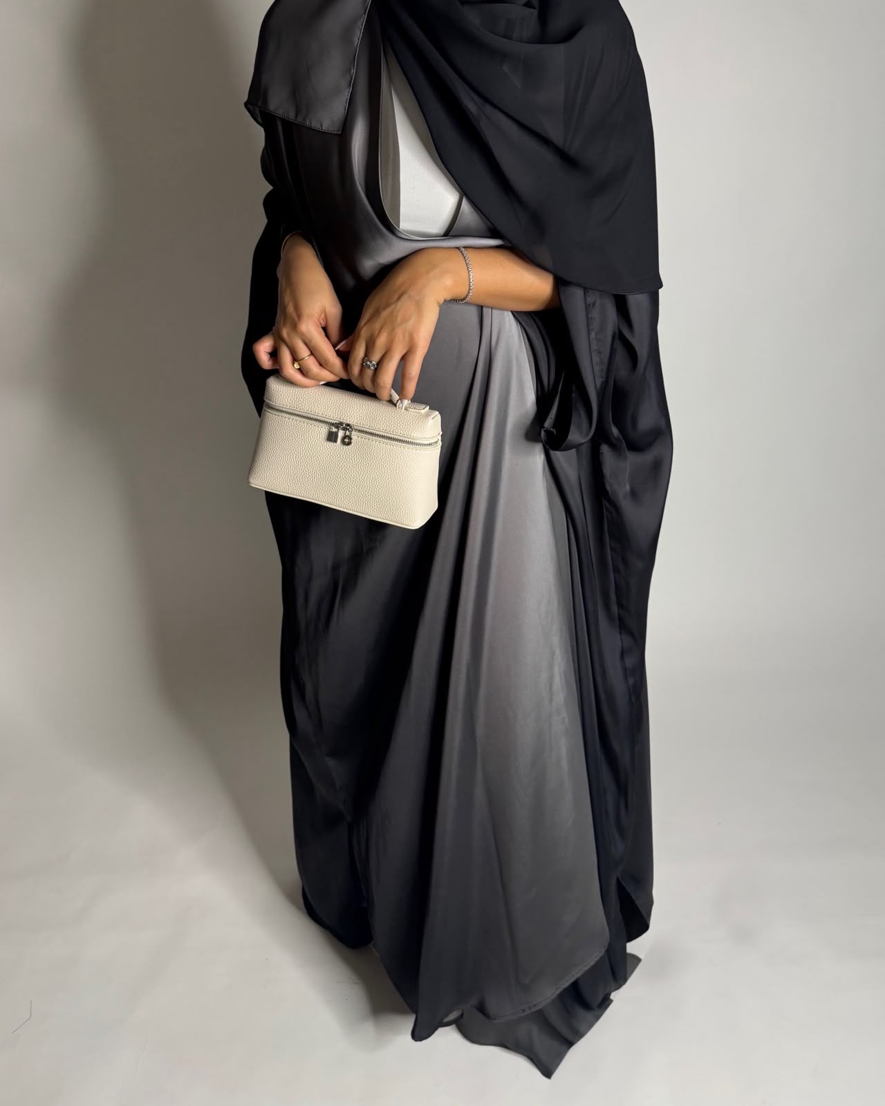 A625 - Black & Gray Ombre Summery Bisht Cut Abaya with Matching Head Scarf