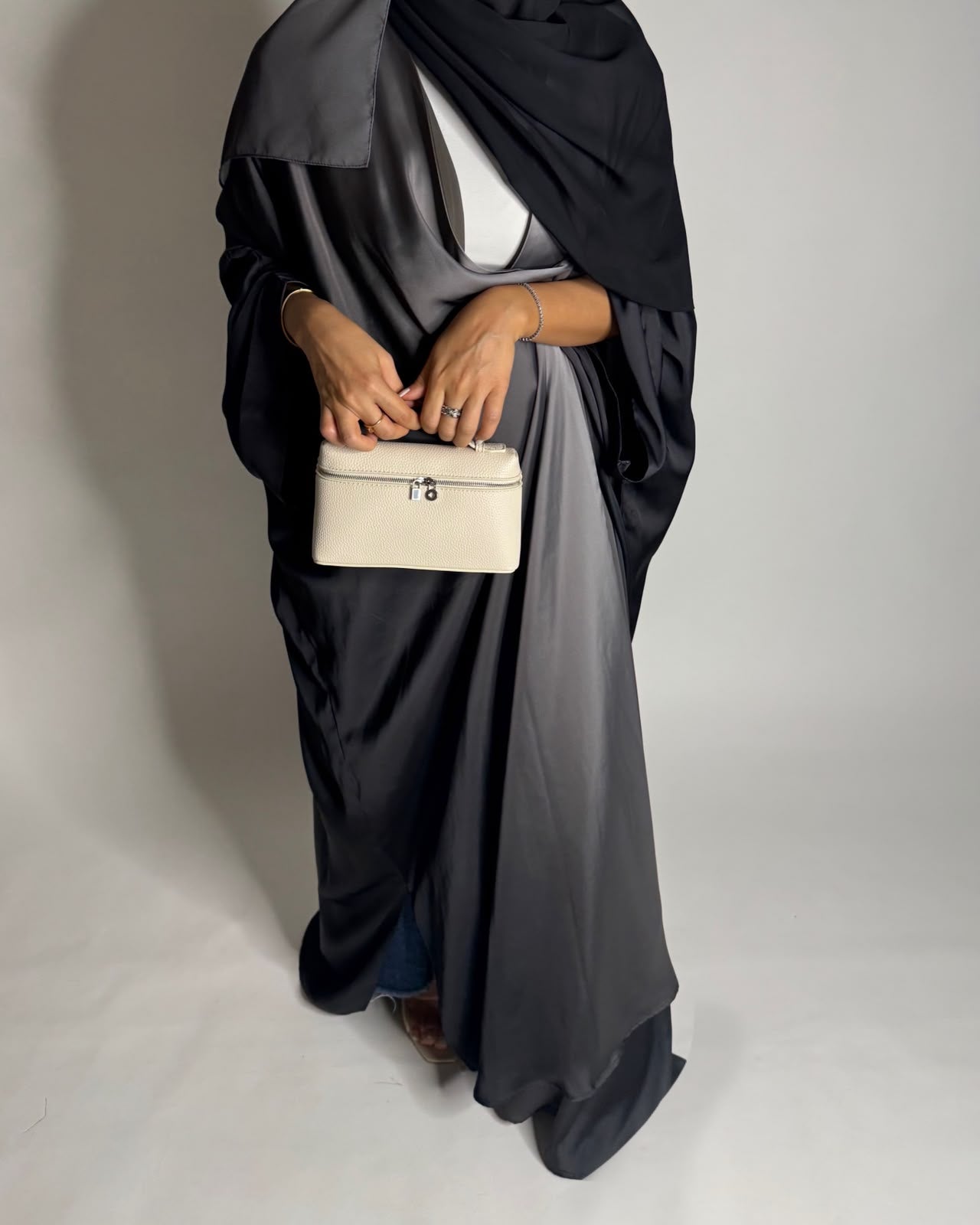 A625 - Black & Gray Ombre Summery Bisht Cut Abaya with Matching Head Scarf