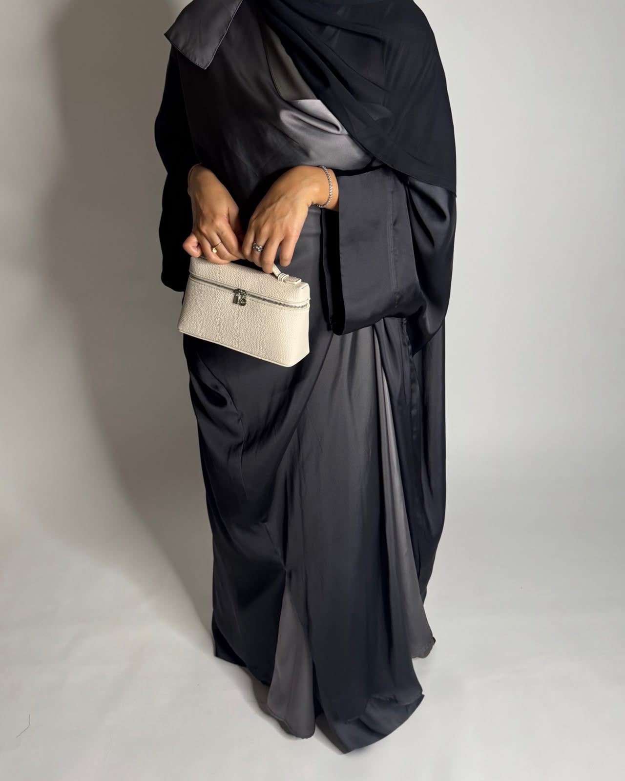 A625 - Black & Gray Ombre Summery Bisht Cut Abaya with Matching Head Scarf
