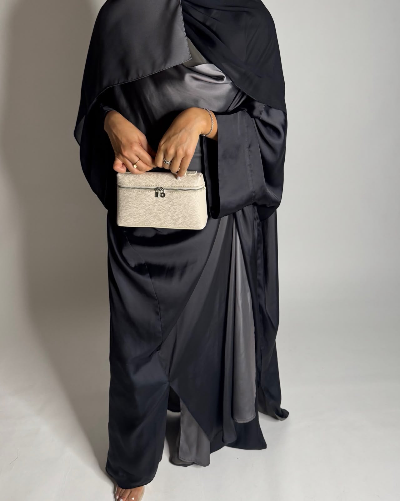 A625 - Black & Gray Ombre Summery Bisht Cut Abaya with Matching Head Scarf