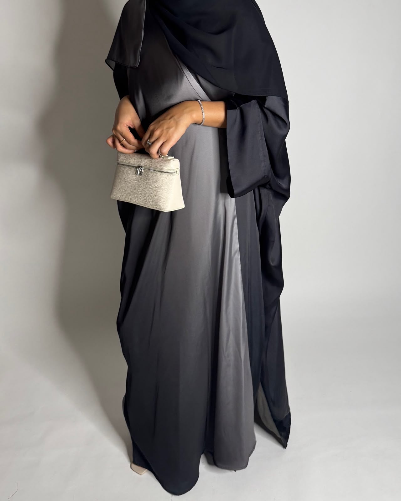 A625 - Black & Gray Ombre Summery Bisht Cut Abaya with Matching Head Scarf