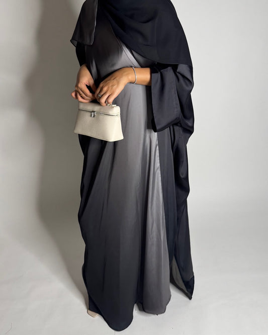 A625 - Black & Gray Ombre Summery Bisht Cut Abaya with Matching Head Scarf