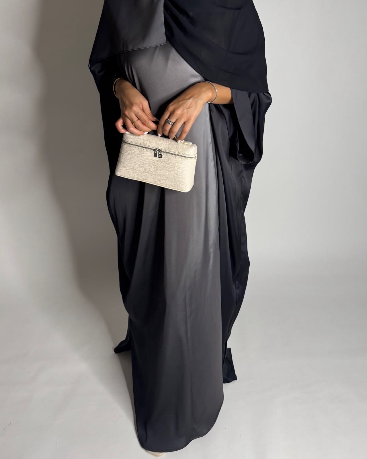 A625 - Black & Gray Ombre Summery Bisht Cut Abaya with Matching Head Scarf
