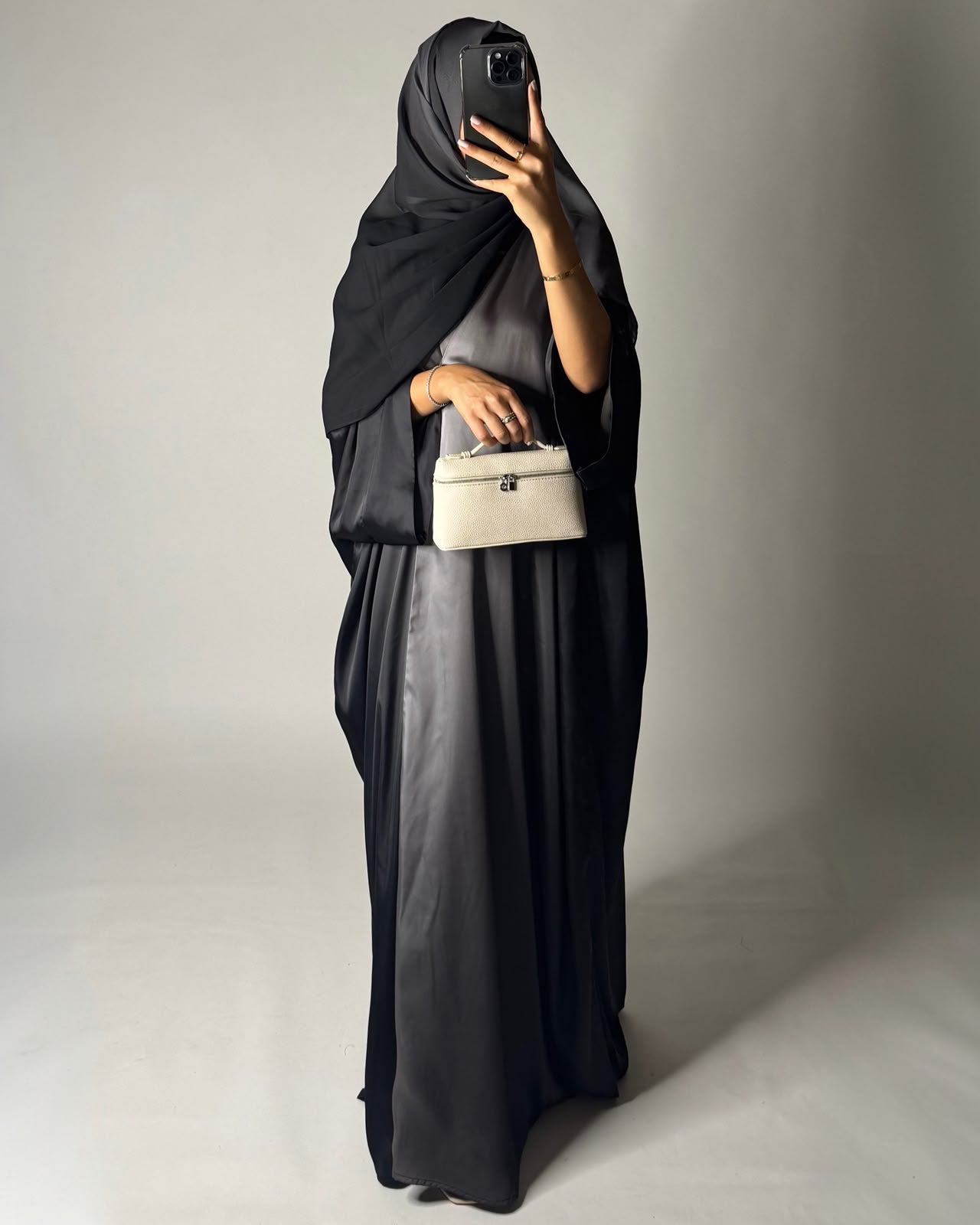 A625 - Black & Gray Ombre Summery Bisht Cut Abaya with Matching Head Scarf