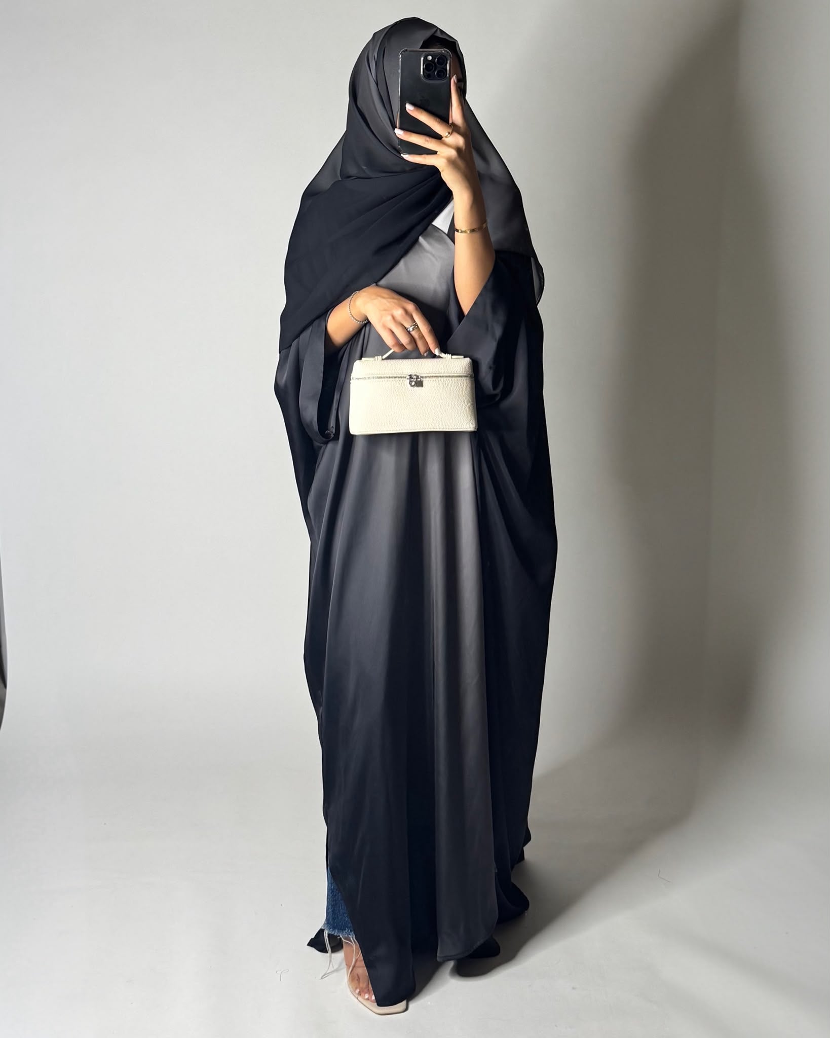 A625 - Black & Gray Ombre Summery Bisht Cut Abaya with Matching Head Scarf