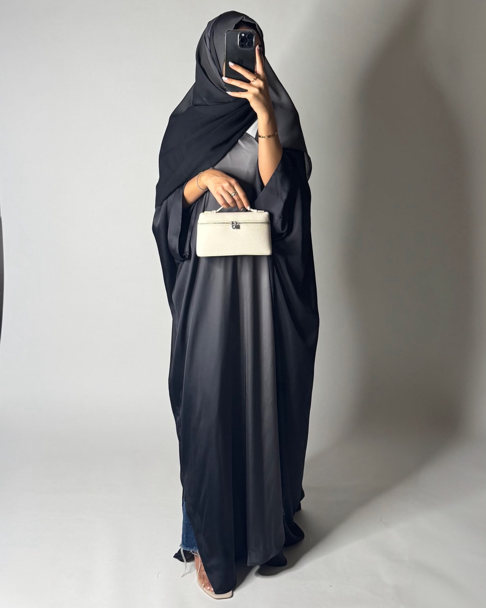 A625 - Black & Gray Ombre Summery Bisht Cut Abaya with Matching Head Scarf