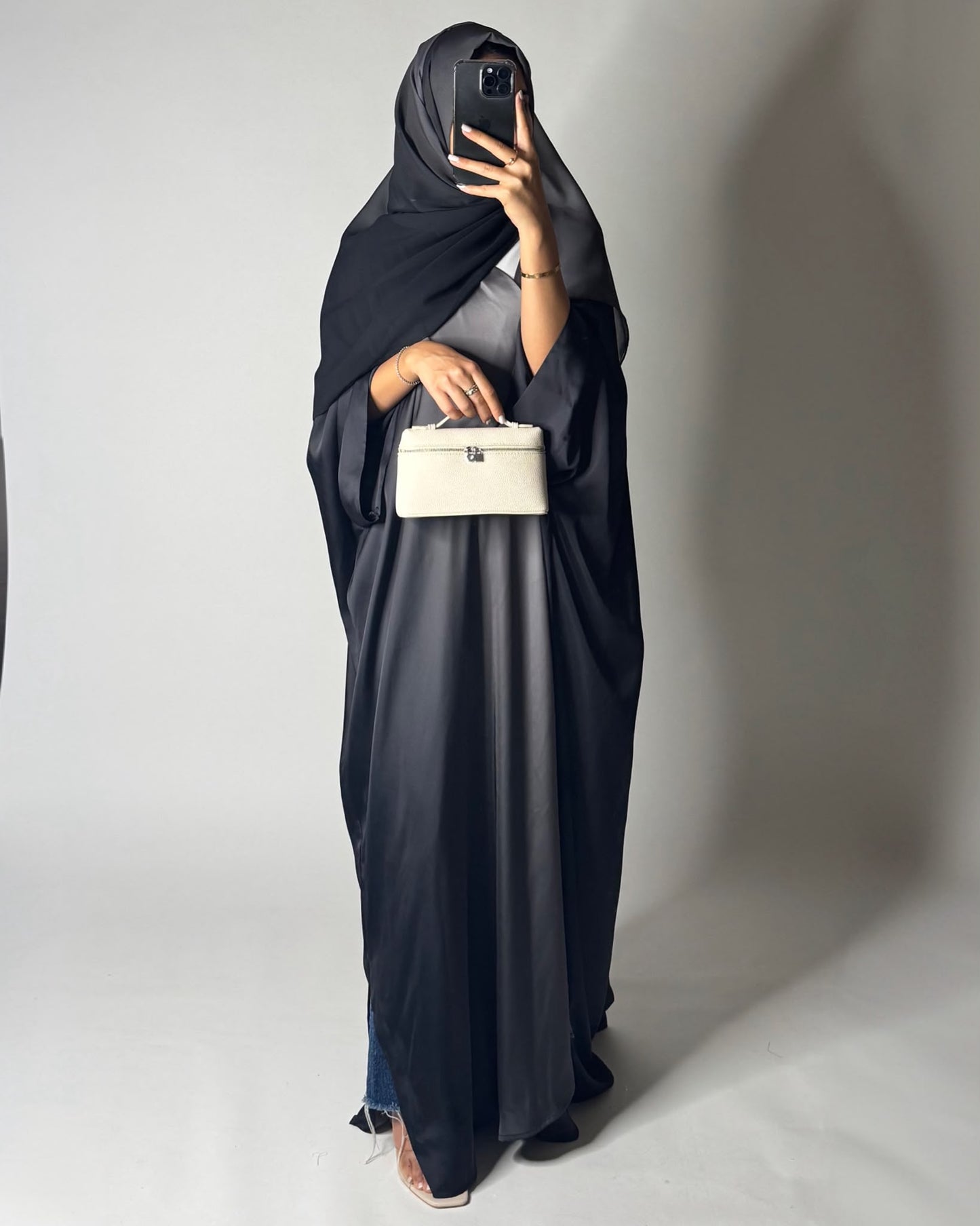 A625 - Black & Gray Ombre Summery Bisht Cut Abaya with Matching Head Scarf
