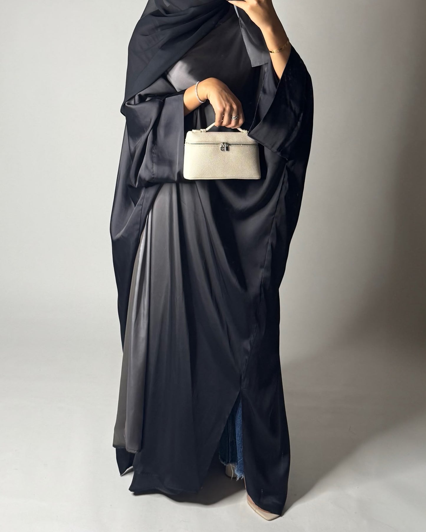 A625 - Black & Gray Ombre Summery Bisht Cut Abaya with Matching Head Scarf