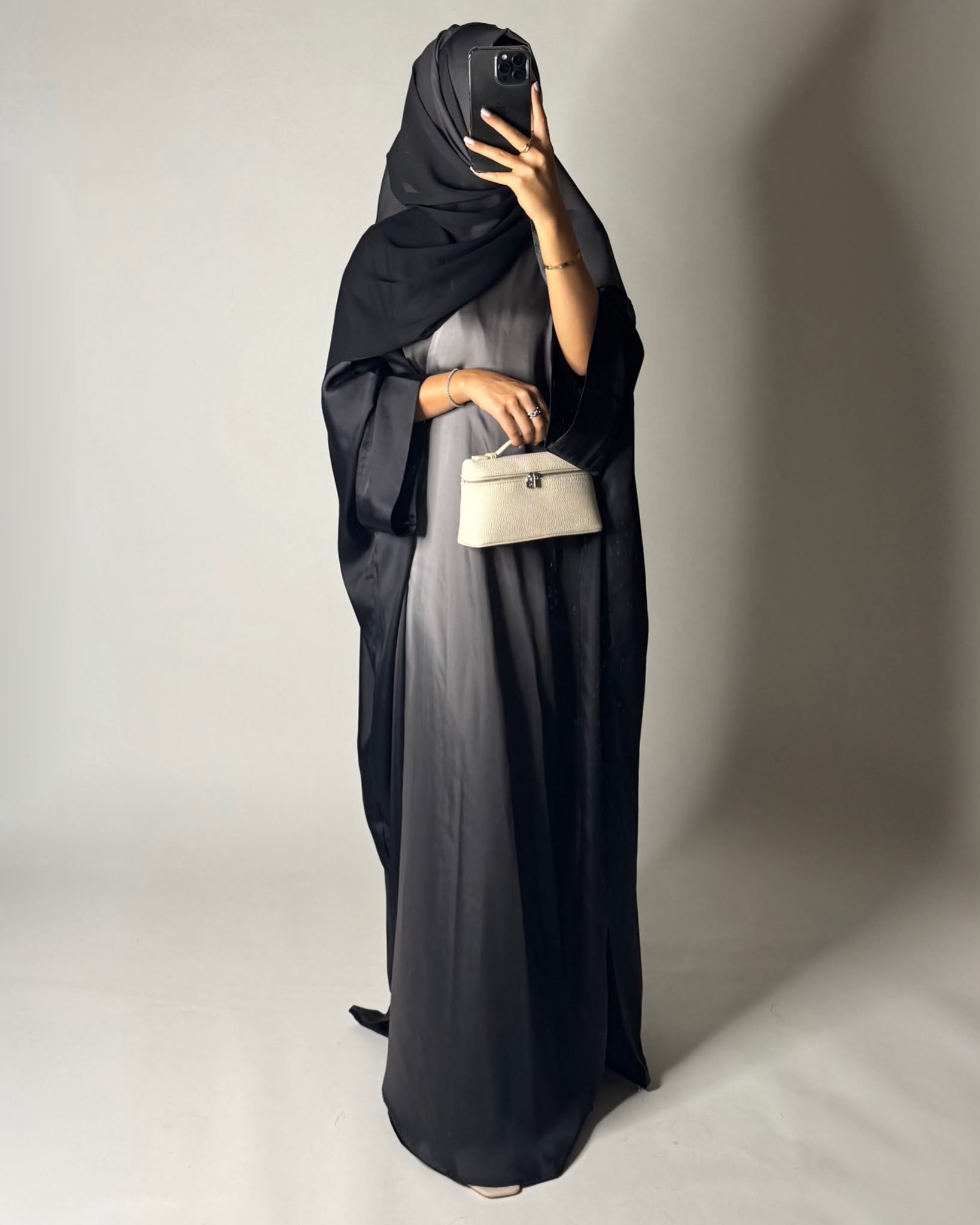 A625 - Black & Gray Ombre Summery Bisht Cut Abaya with Matching Head Scarf