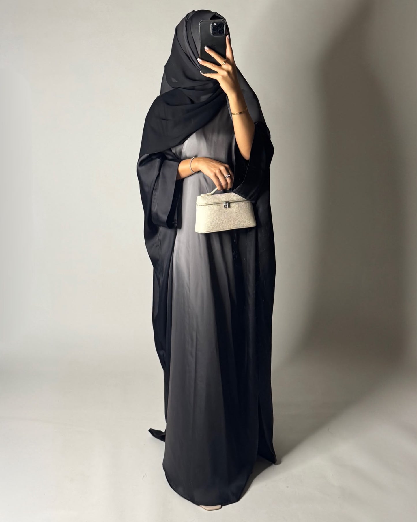 A625 - Black & Gray Ombre Summery Bisht Cut Abaya with Matching Head Scarf