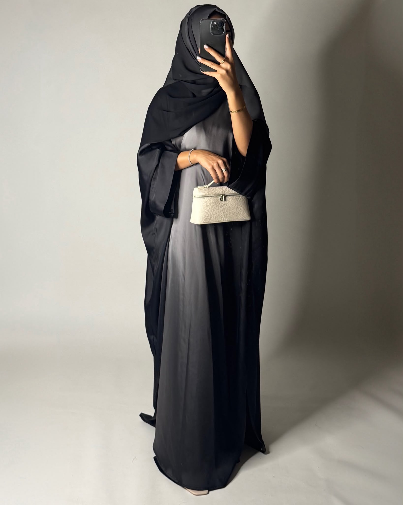 A625 - Black & Gray Ombre Summery Bisht Cut Abaya with Matching Head Scarf