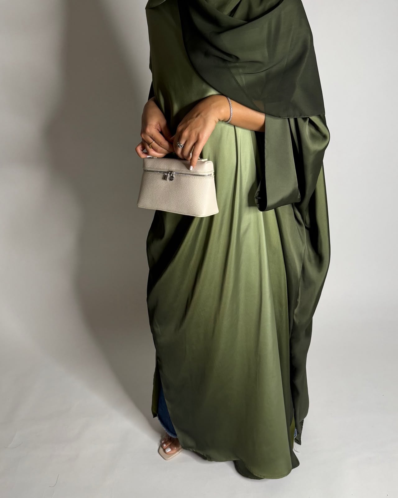 A618 - Ombre Green Summery Bisht Cut Abaya with Matching Head Scarf