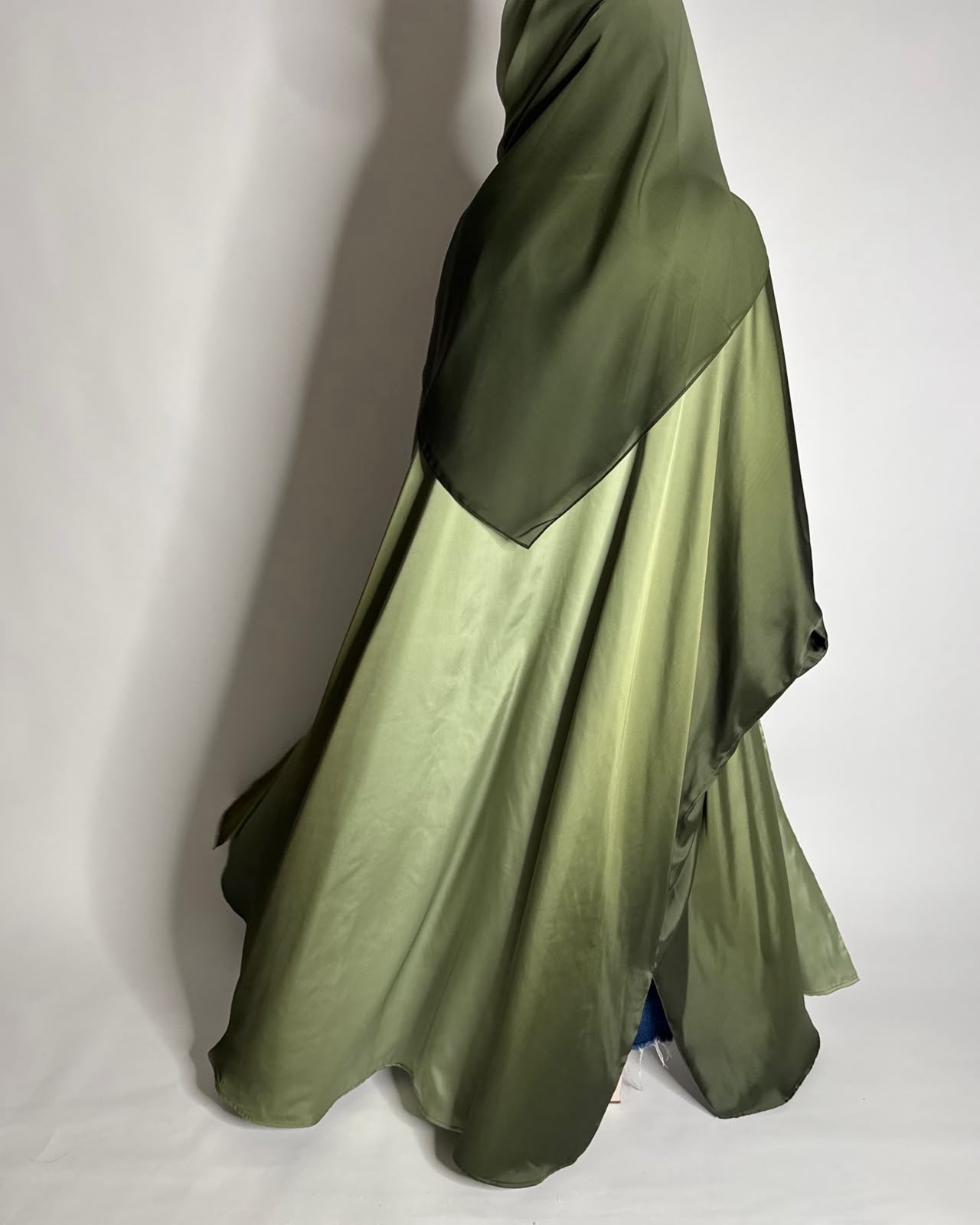 A618 - Ombre Green Summery Bisht Cut Abaya with Matching Head Scarf