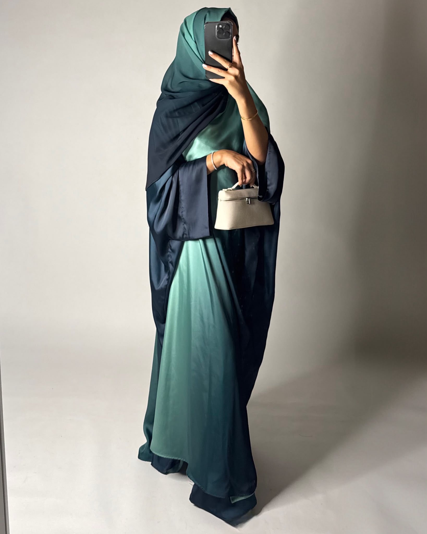 A624 - Shades of Teal Blue Ombre Summery Bisht Cut Abaya with Matching Head Scarf