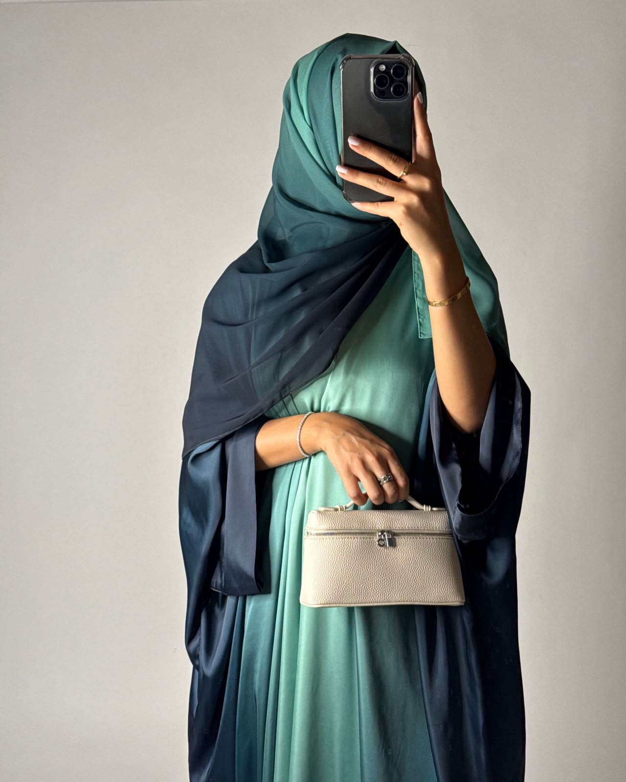 A624 - Shades of Teal Blue Ombre Summery Bisht Cut Abaya with Matching Head Scarf