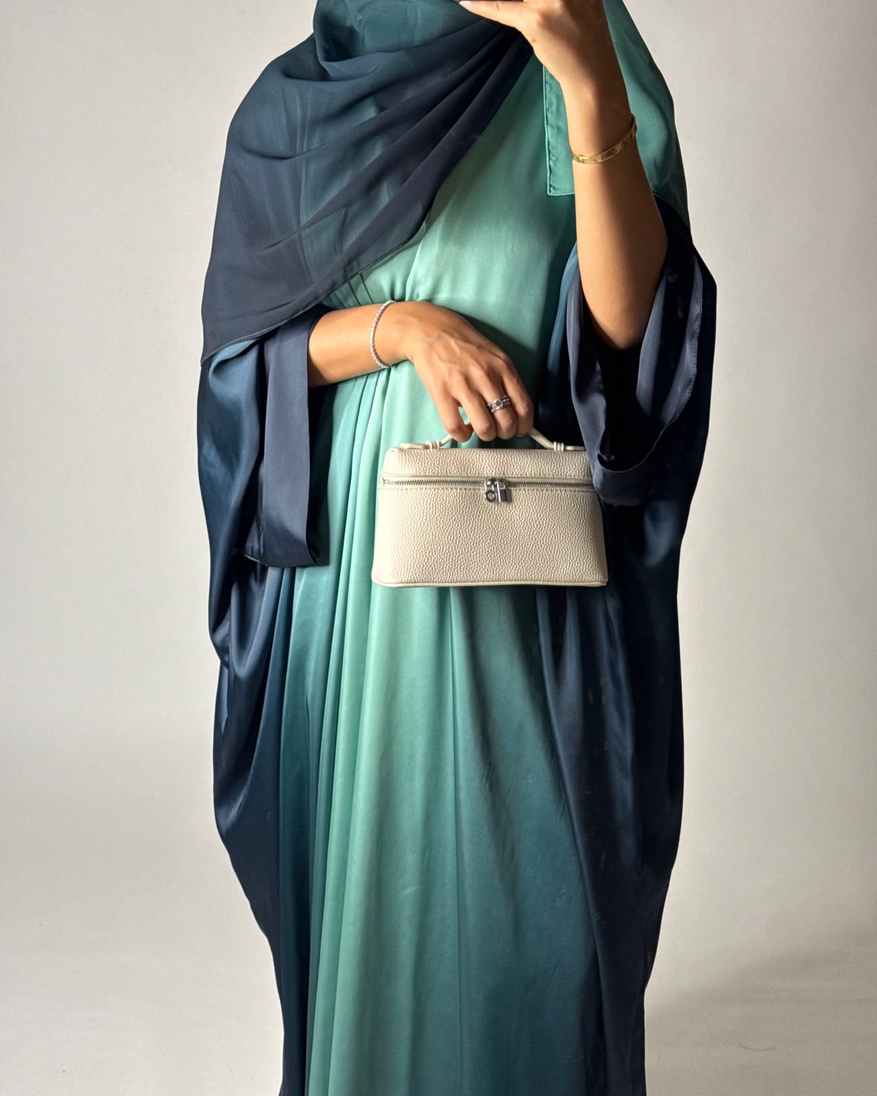 A624 - Shades of Teal Blue Ombre Summery Bisht Cut Abaya with Matching Head Scarf