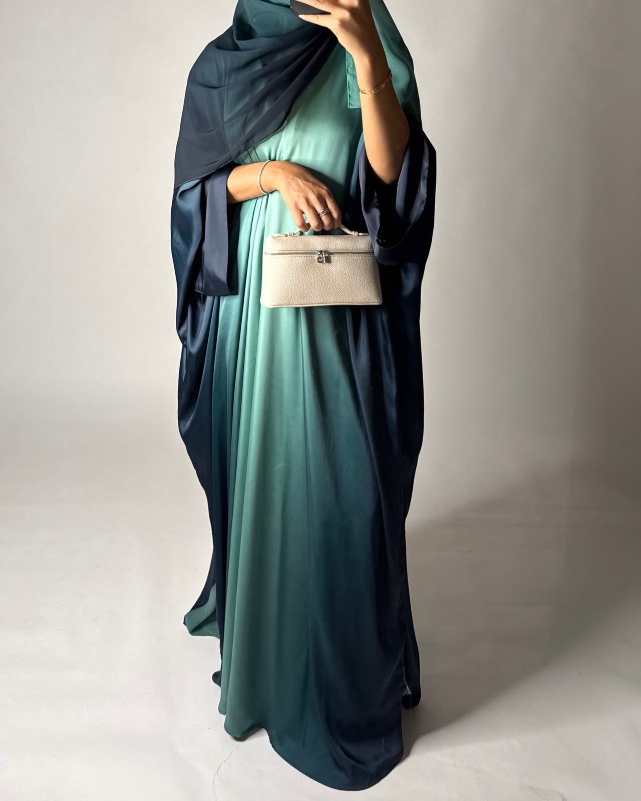 A624 - Shades of Teal Blue Ombre Summery Bisht Cut Abaya with Matching Head Scarf