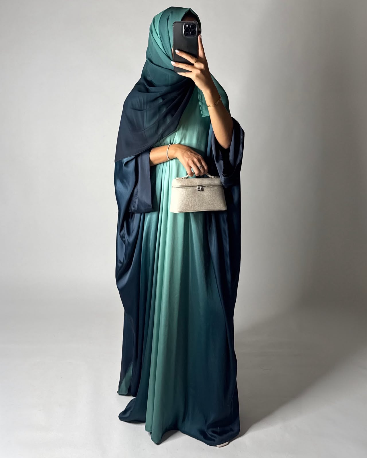 A624 - Shades of Teal Blue Ombre Summery Bisht Cut Abaya with Matching Head Scarf