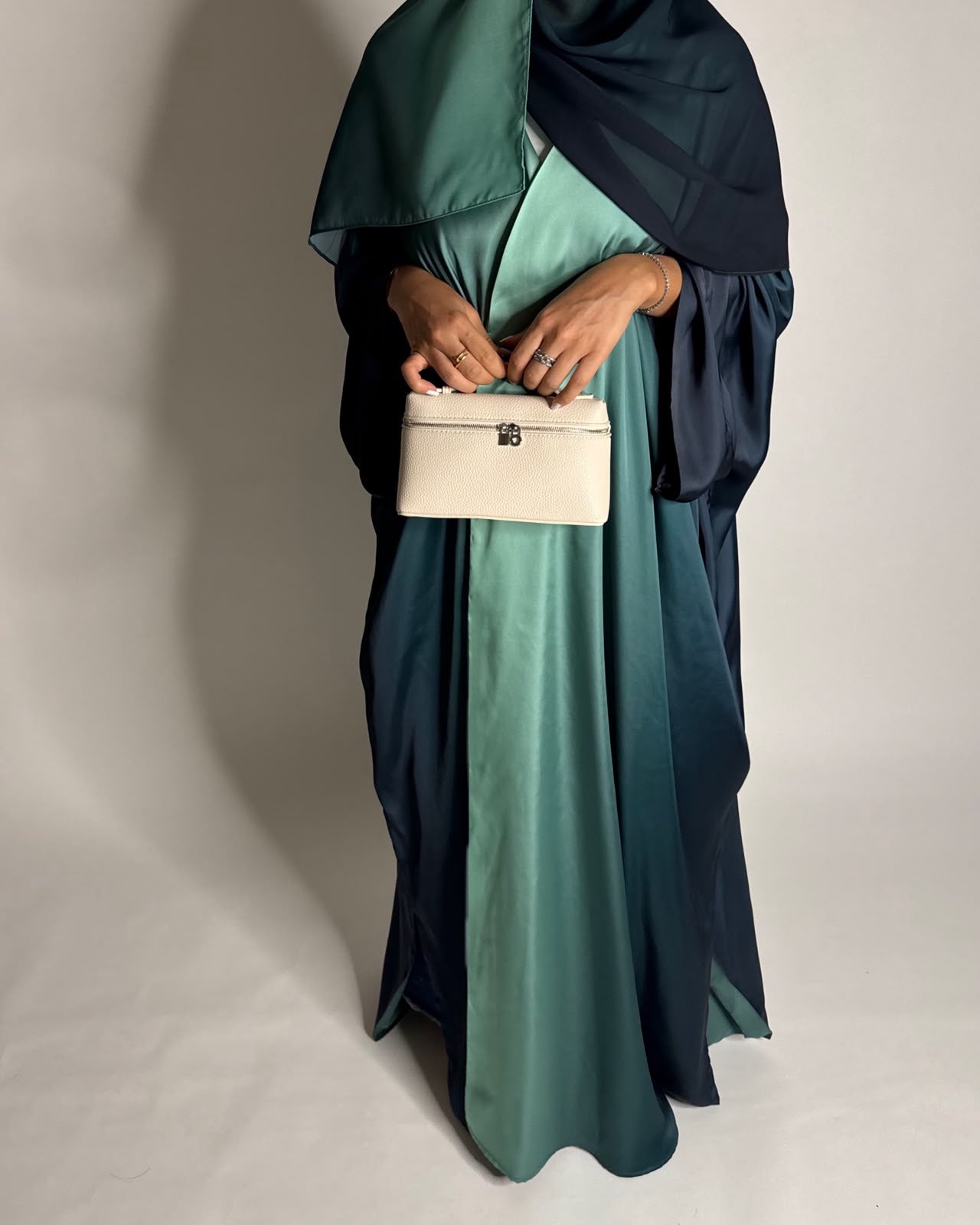 A624 - Shades of Teal Blue Ombre Summery Bisht Cut Abaya with Matching Head Scarf