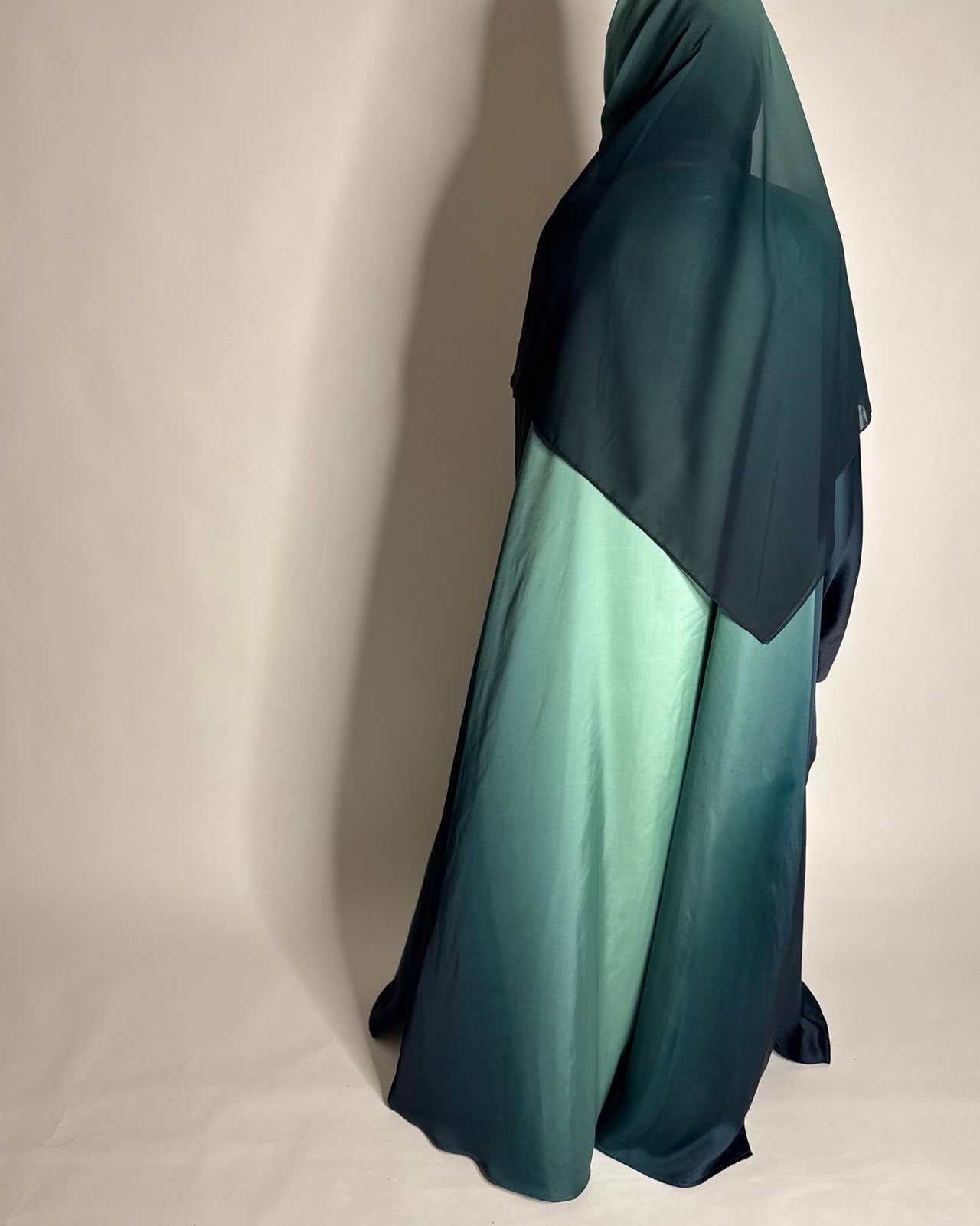 A624 - Shades of Teal Blue Ombre Summery Bisht Cut Abaya with Matching Head Scarf