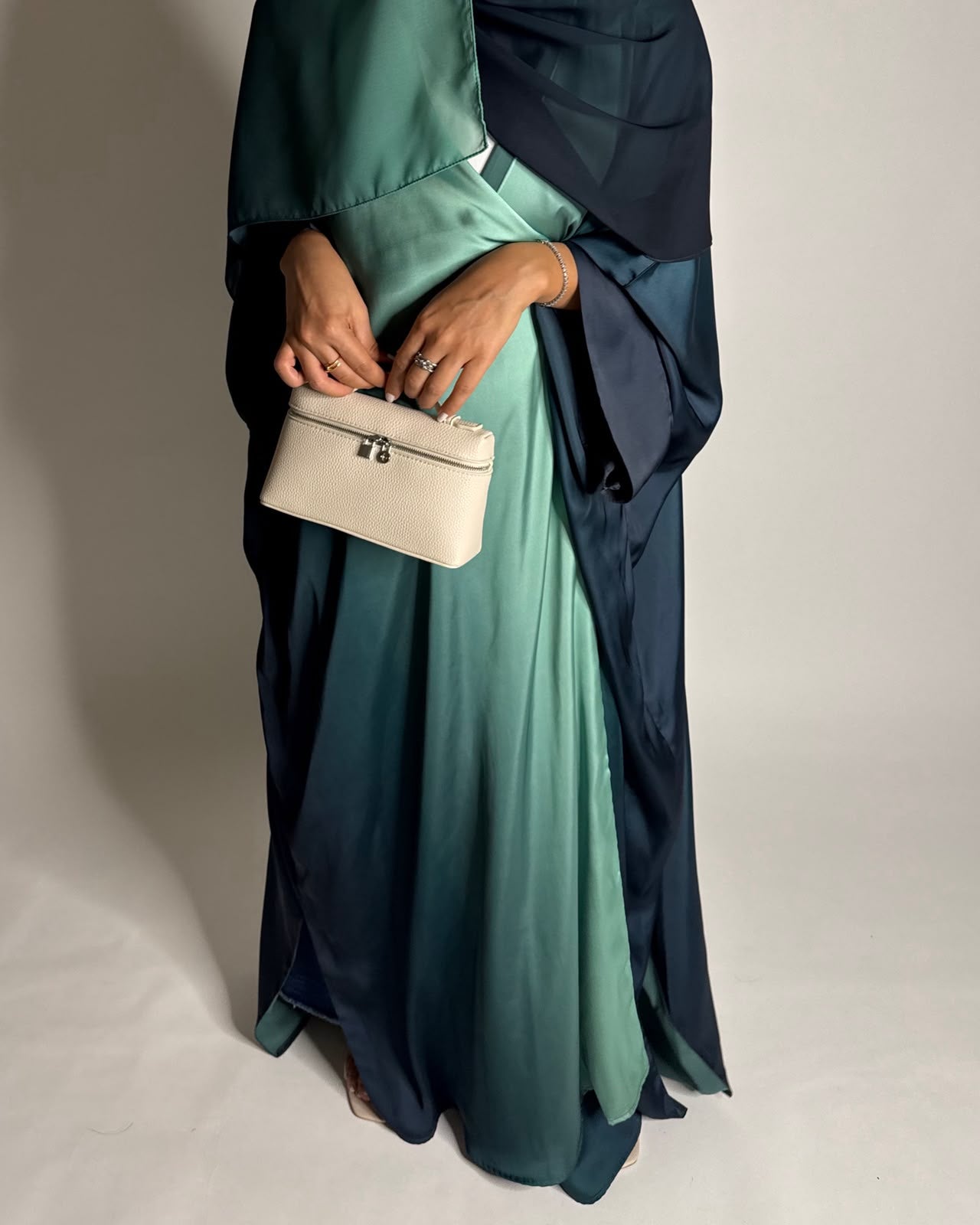 A624 - Shades of Teal Blue Ombre Summery Bisht Cut Abaya with Matching Head Scarf