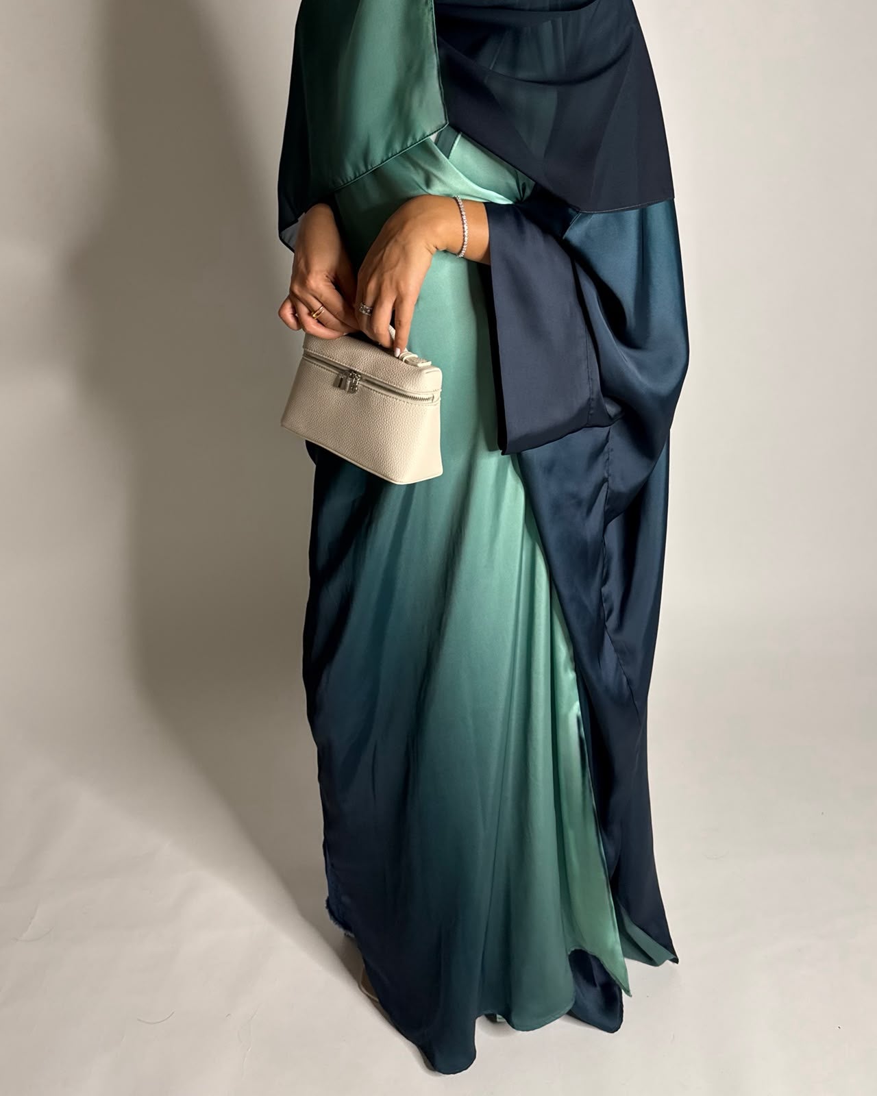 A624 - Shades of Teal Blue Ombre Summery Bisht Cut Abaya with Matching Head Scarf