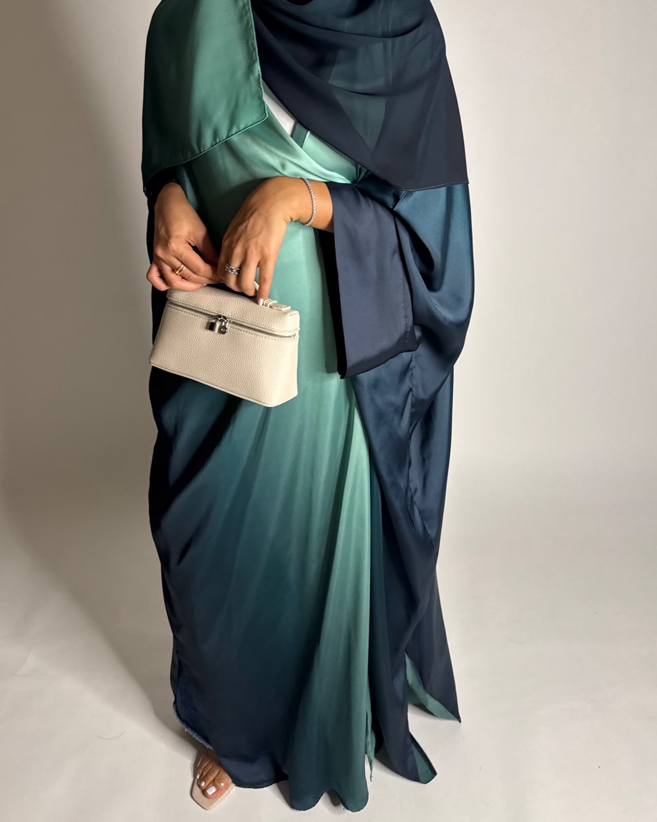 A624 - Shades of Teal Blue Ombre Summery Bisht Cut Abaya with Matching Head Scarf