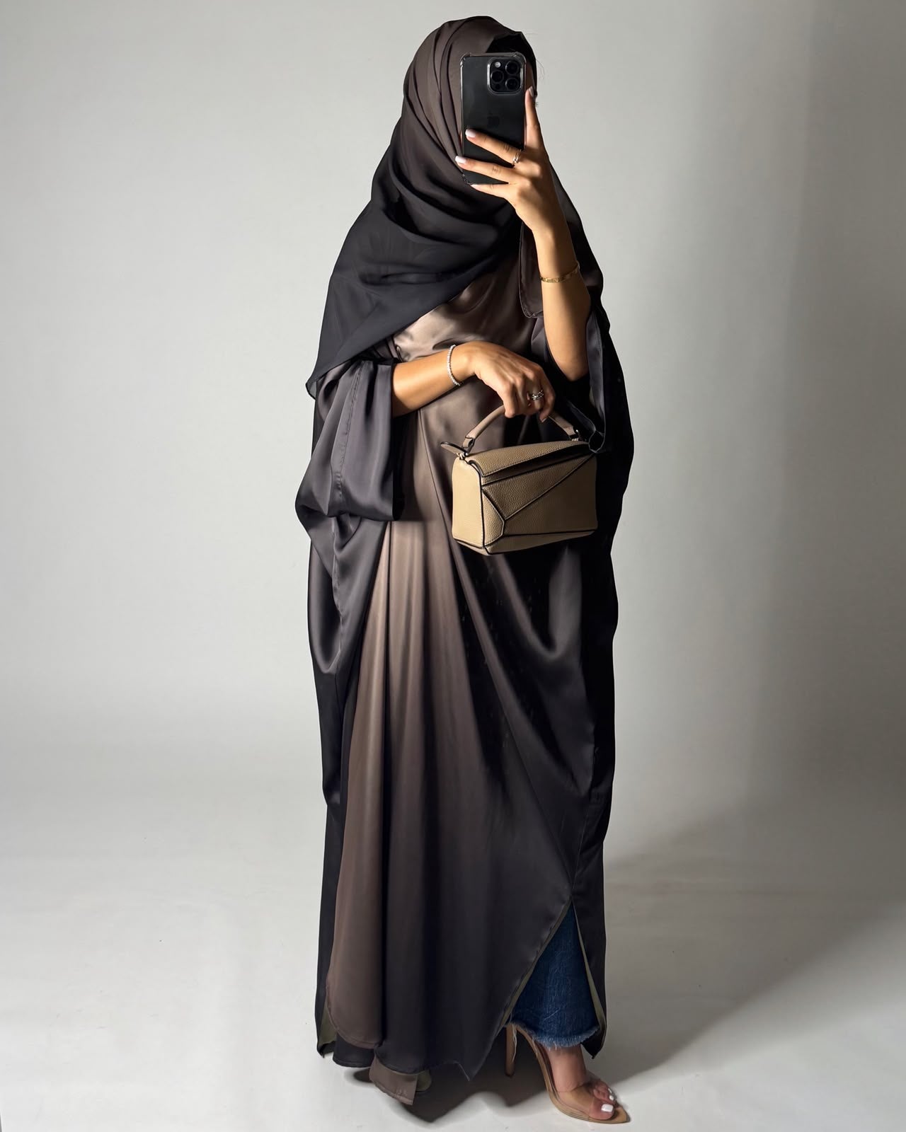 A622 - Shades Of Brown Ombre Summery Bisht Cut Abaya with Matching Head Scarf