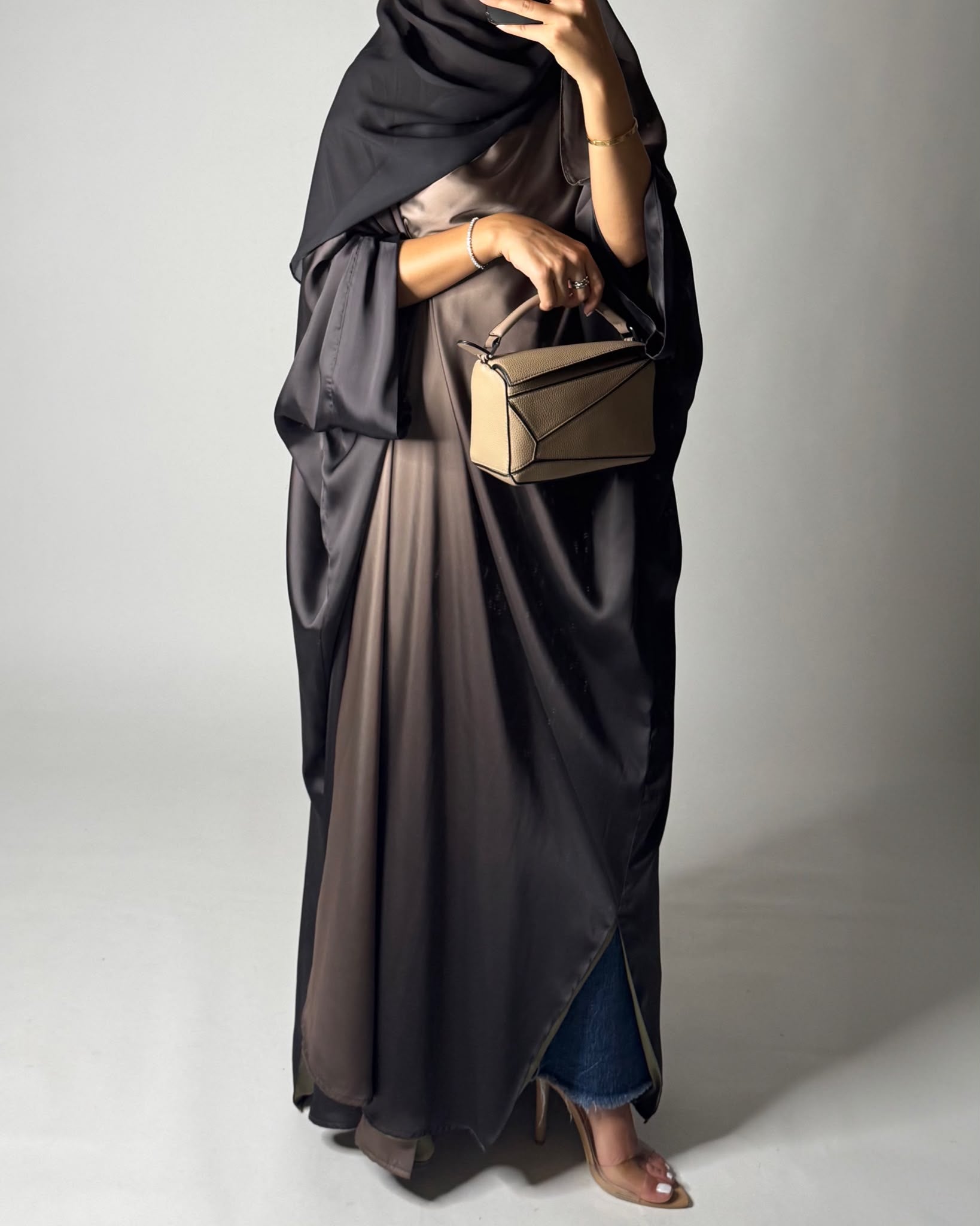 A622 - Shades Of Brown Ombre Summery Bisht Cut Abaya with Matching Head Scarf