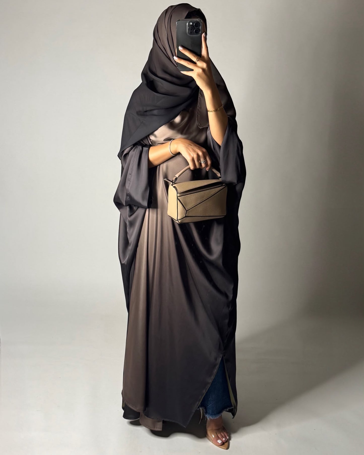 A622 - Shades Of Brown Ombre Summery Bisht Cut Abaya with Matching Head Scarf