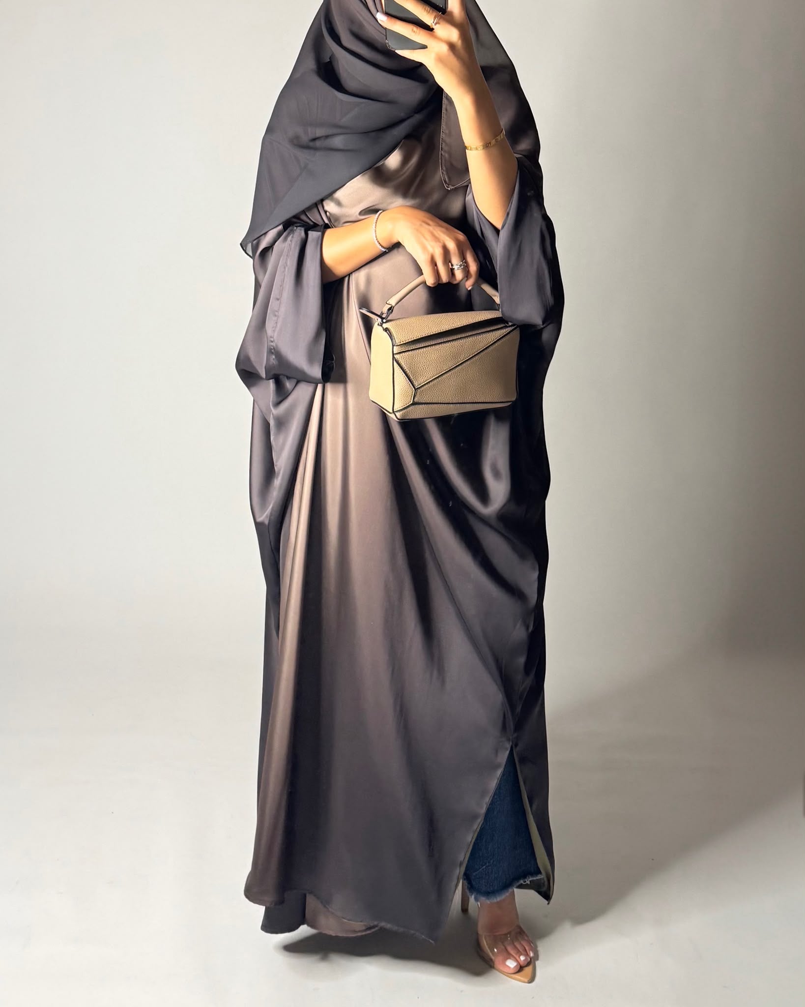 A622 - Shades Of Brown Ombre Summery Bisht Cut Abaya with Matching Head Scarf