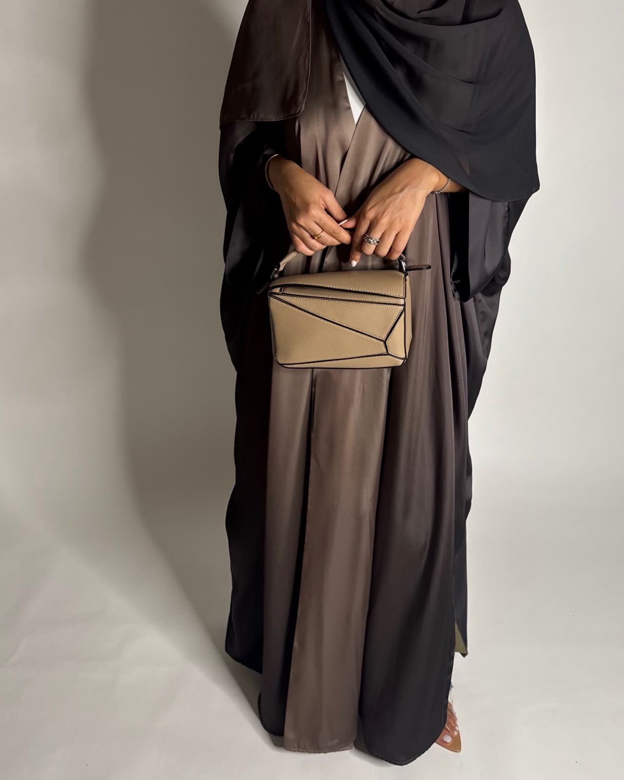 A622 - Shades Of Brown Ombre Summery Bisht Cut Abaya with Matching Head Scarf