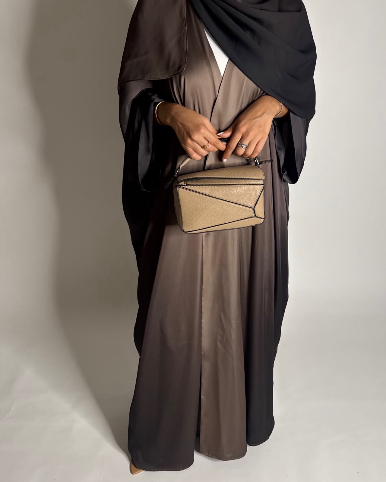 A622 - Shades Of Brown Ombre Summery Bisht Cut Abaya with Matching Head Scarf