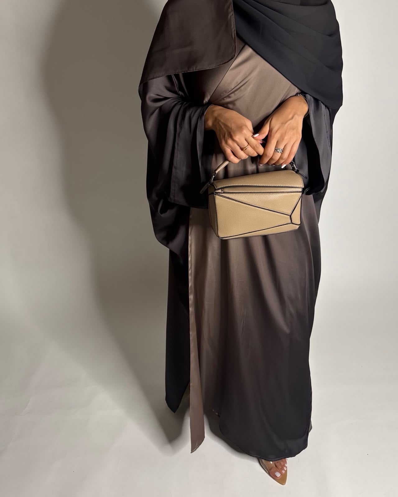 A622 - Shades Of Brown Ombre Summery Bisht Cut Abaya with Matching Head Scarf