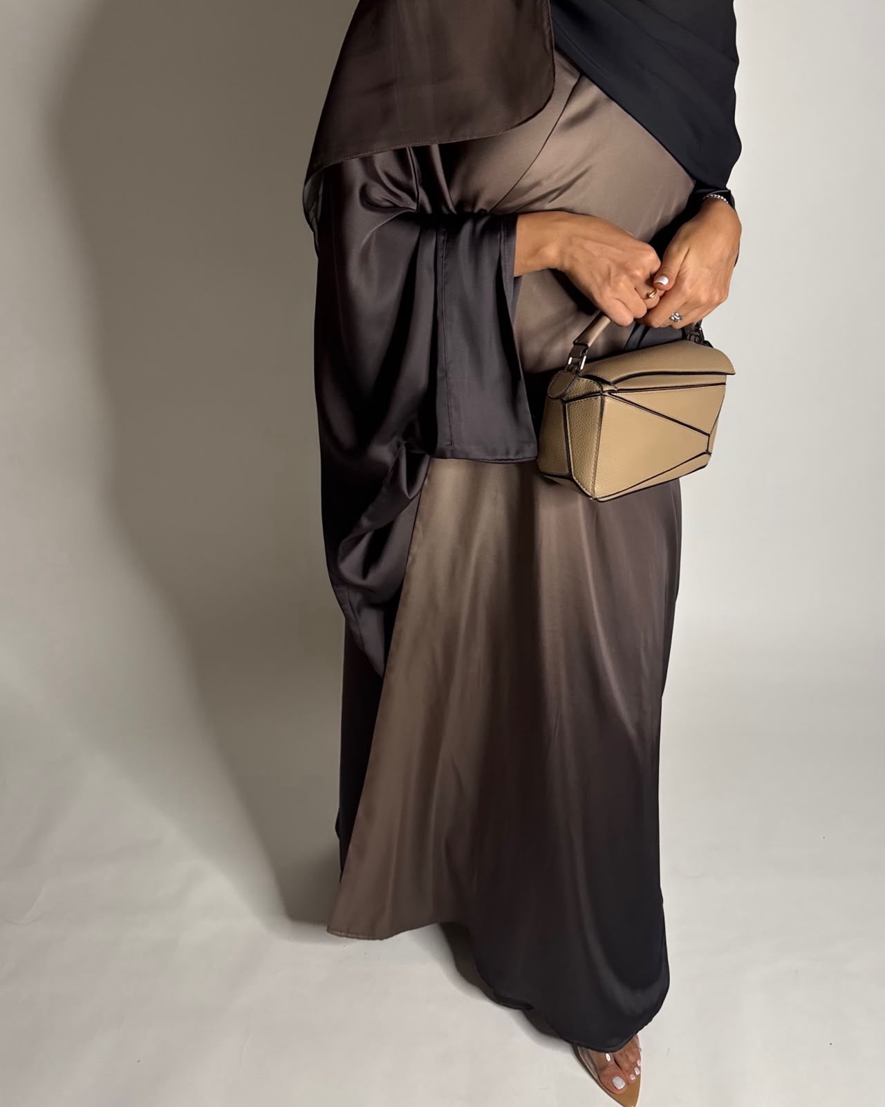 A622 - Shades Of Brown Ombre Summery Bisht Cut Abaya with Matching Head Scarf