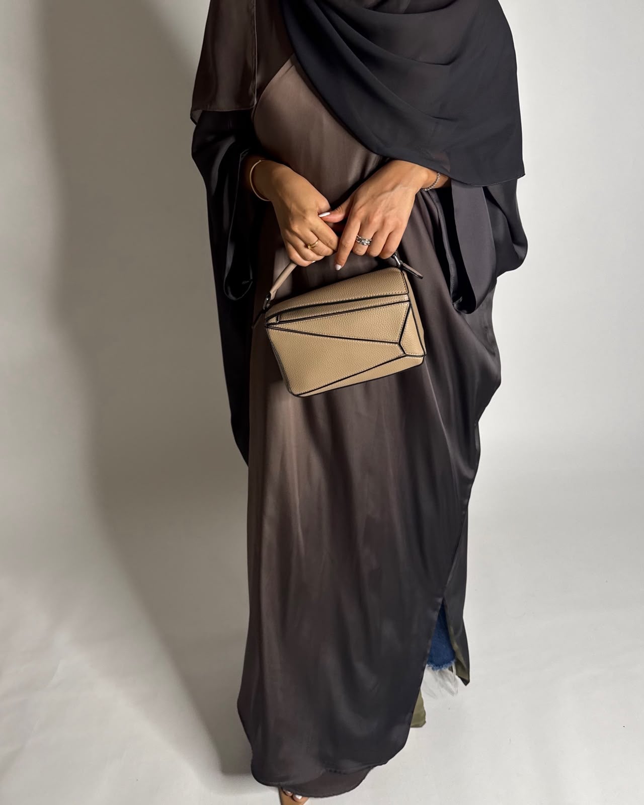 A622 - Shades Of Brown Ombre Summery Bisht Cut Abaya with Matching Head Scarf