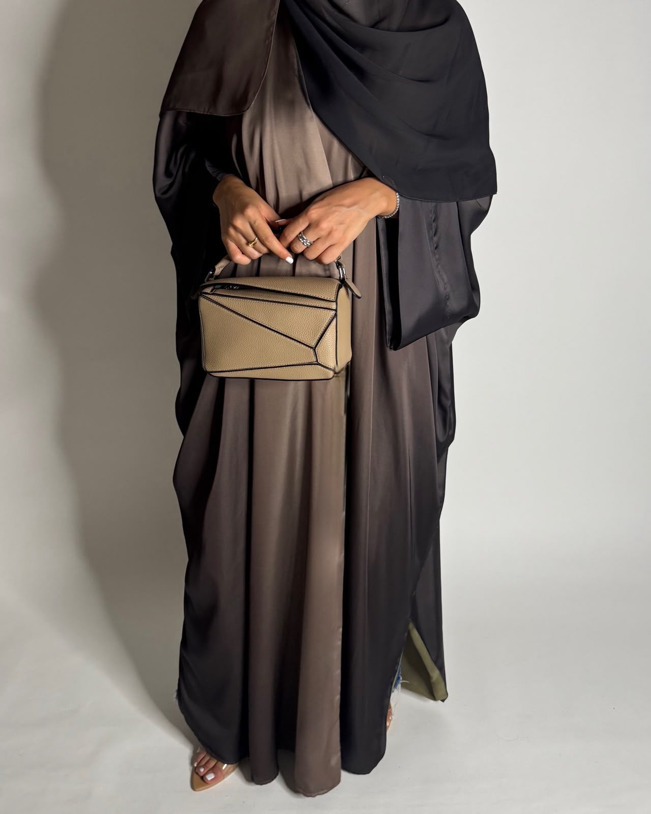 A622 - Shades Of Brown Ombre Summery Bisht Cut Abaya with Matching Head Scarf