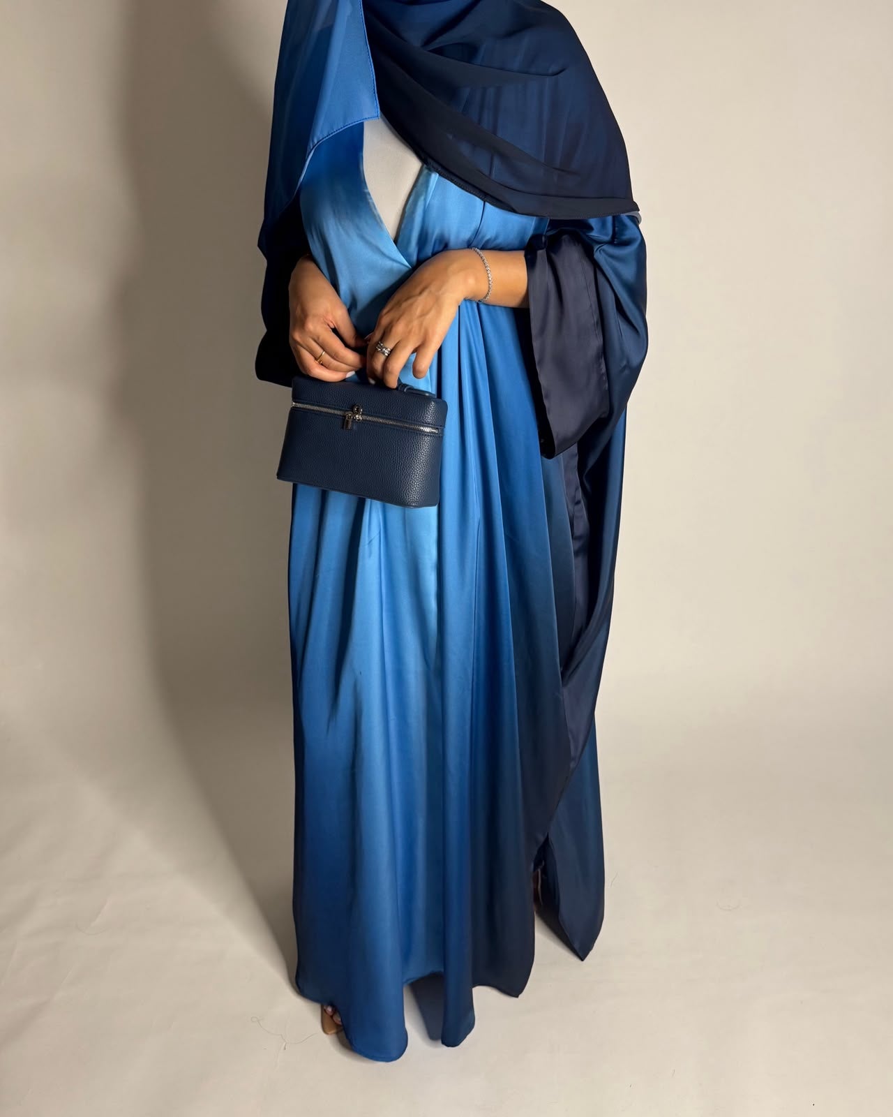 A621 - Shades Of Blue Ombre Summery Bisht Cut Abaya with Matching Head Scarf