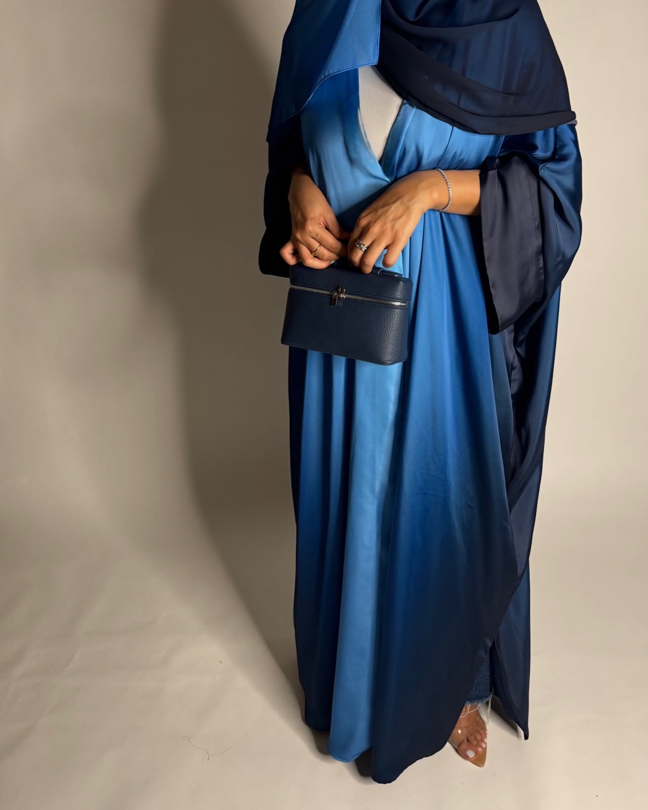 A621 - Shades Of Blue Ombre Summery Bisht Cut Abaya with Matching Head Scarf