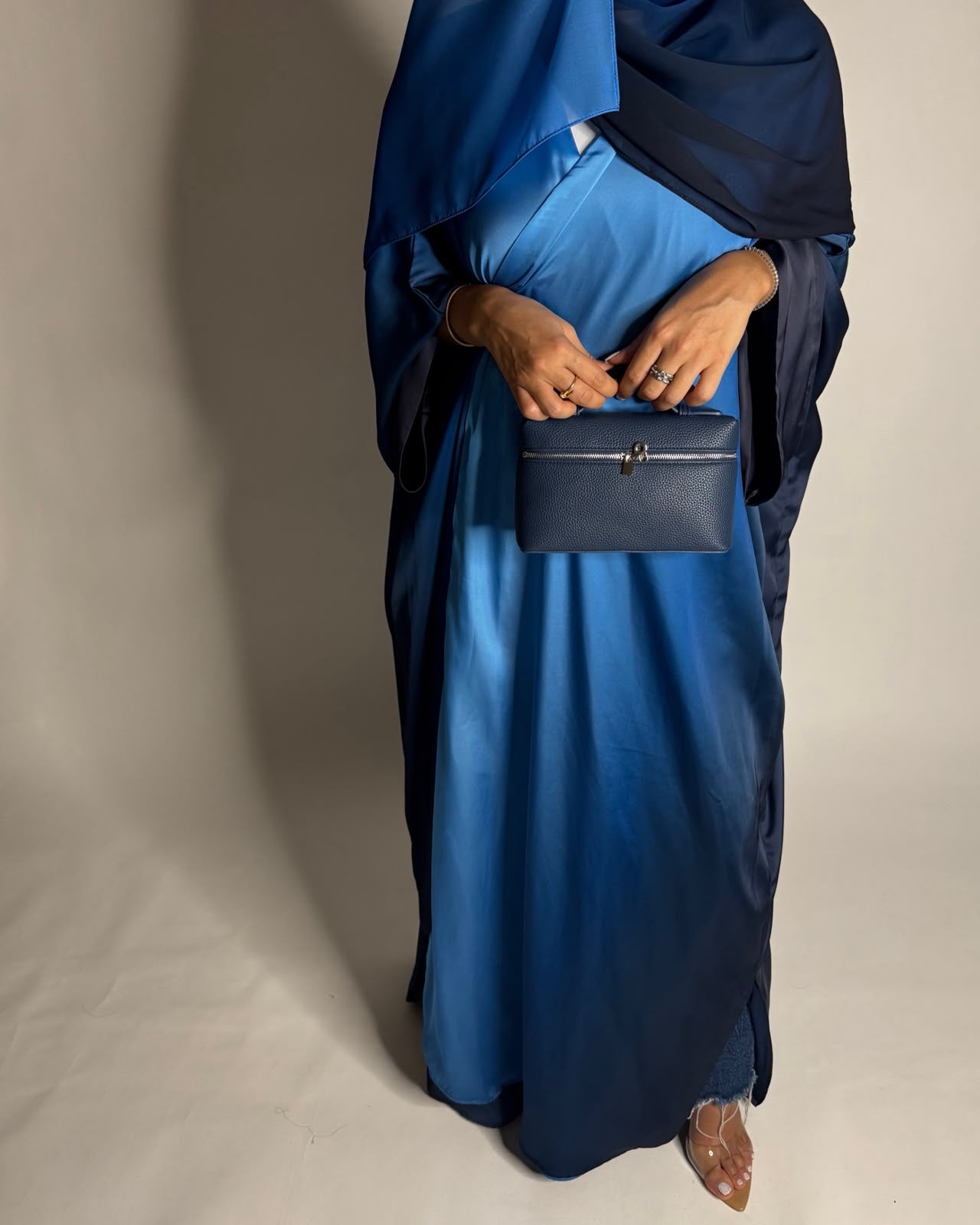 A621 - Shades Of Blue Ombre Summery Bisht Cut Abaya with Matching Head Scarf