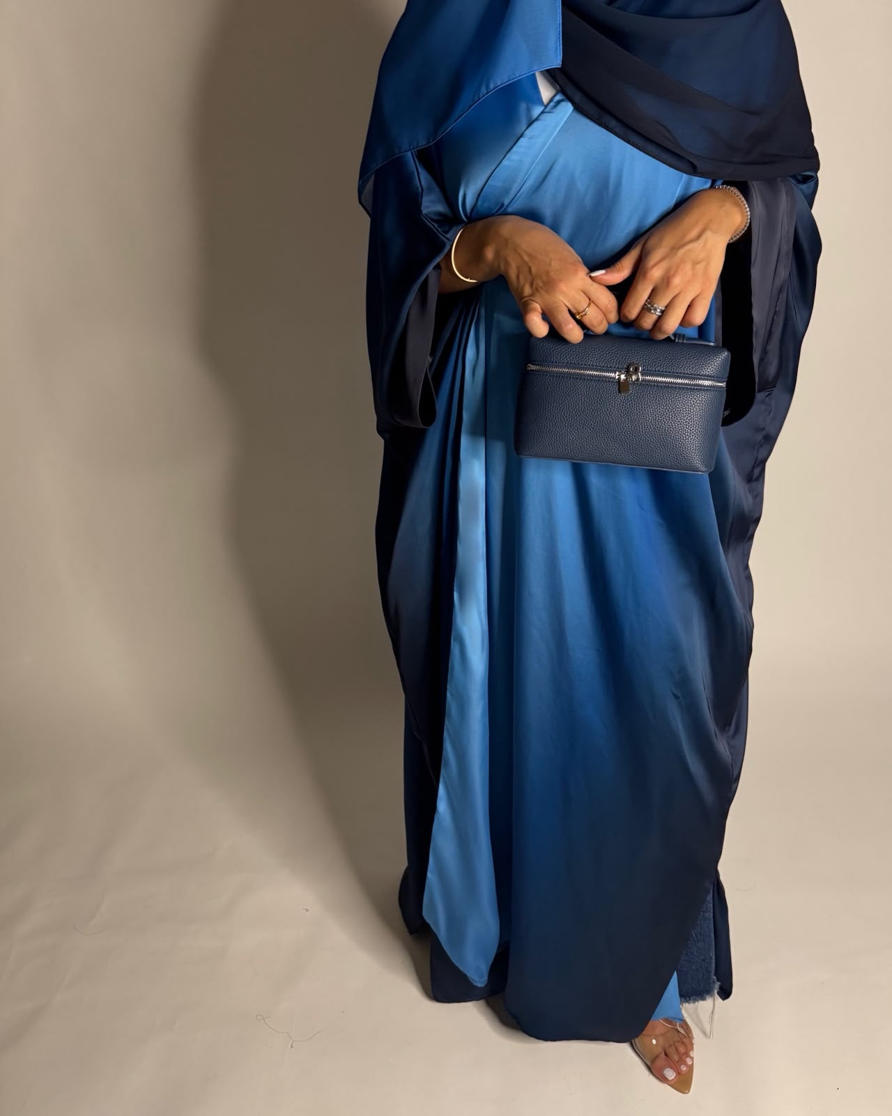 A621 - Shades Of Blue Ombre Summery Bisht Cut Abaya with Matching Head Scarf