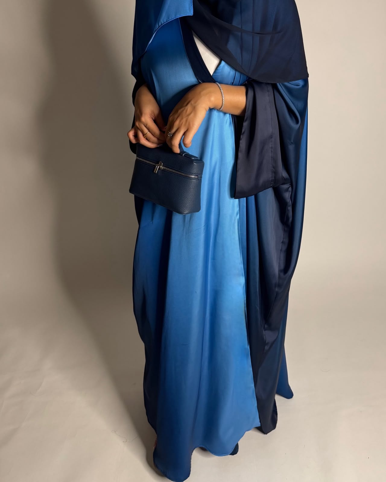 A621 - Shades Of Blue Ombre Summery Bisht Cut Abaya with Matching Head Scarf