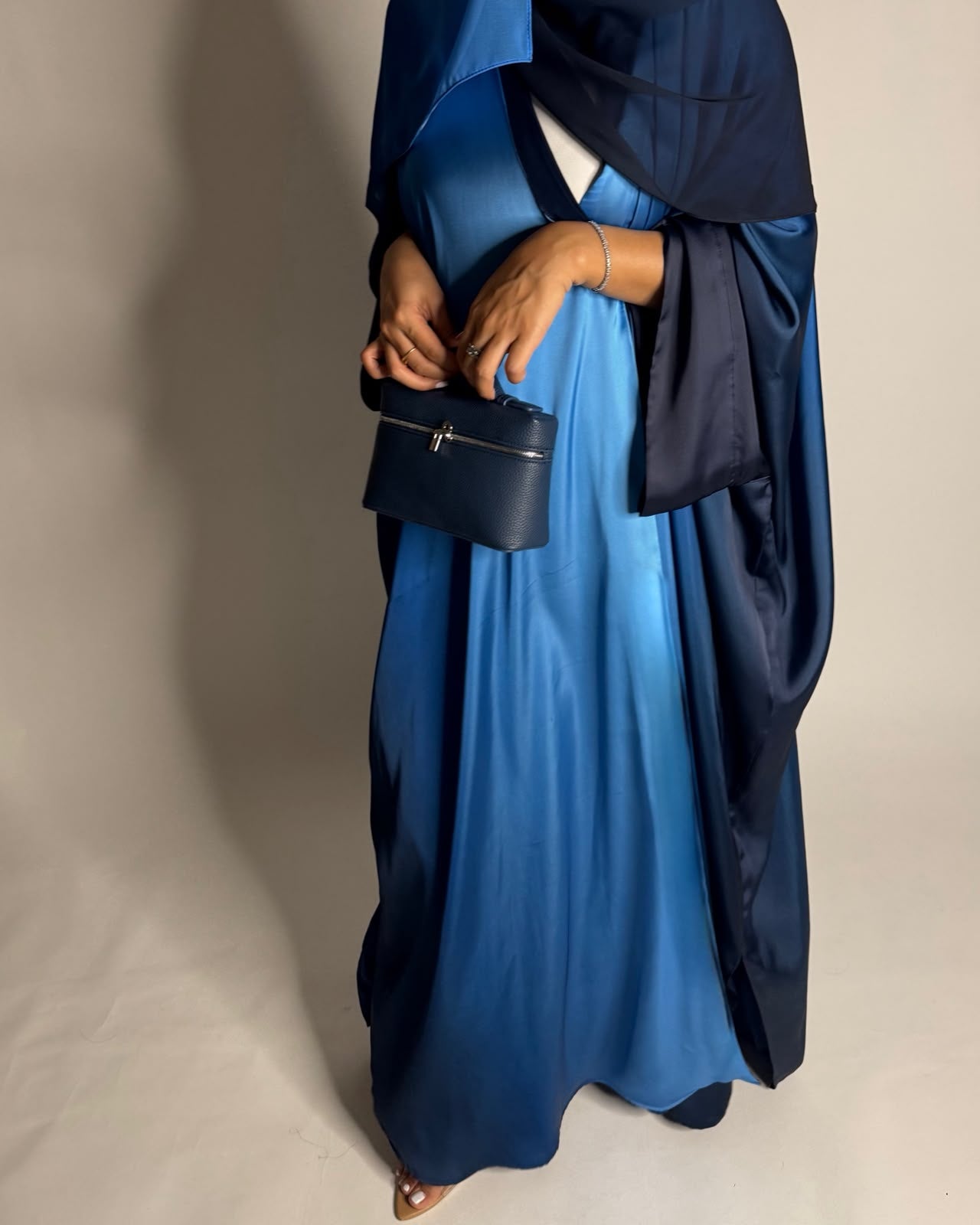 A621 - Shades Of Blue Ombre Summery Bisht Cut Abaya with Matching Head Scarf