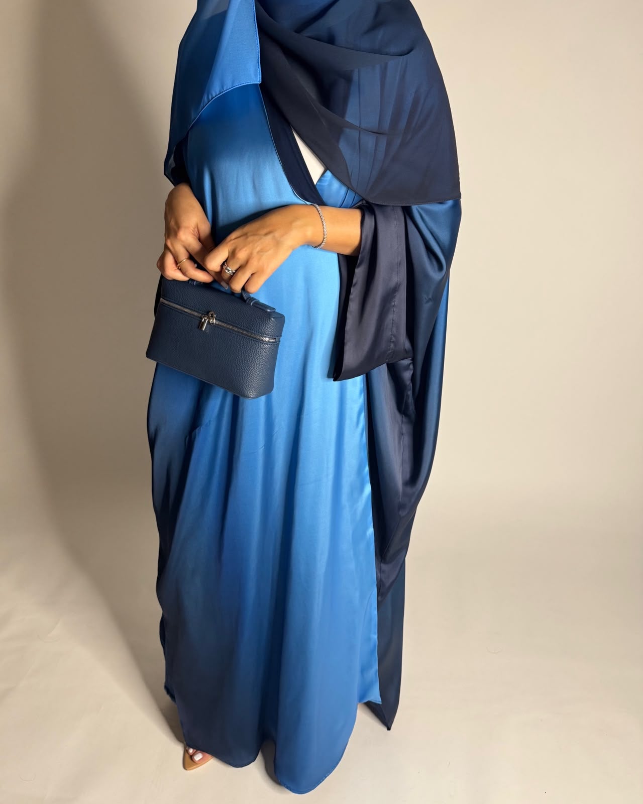 A621 - Shades Of Blue Ombre Summery Bisht Cut Abaya with Matching Head Scarf